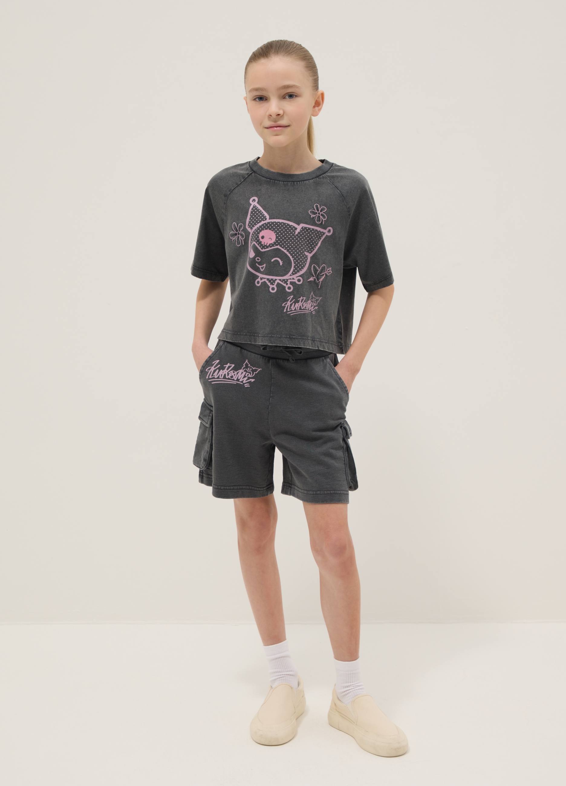 OVS KIDS, Conjunto De Camiseta Y Shorts Relajados De Algodón Gris Para Niñas Con Kuromi, Niña, Gris oscuro, Talla: 10-11