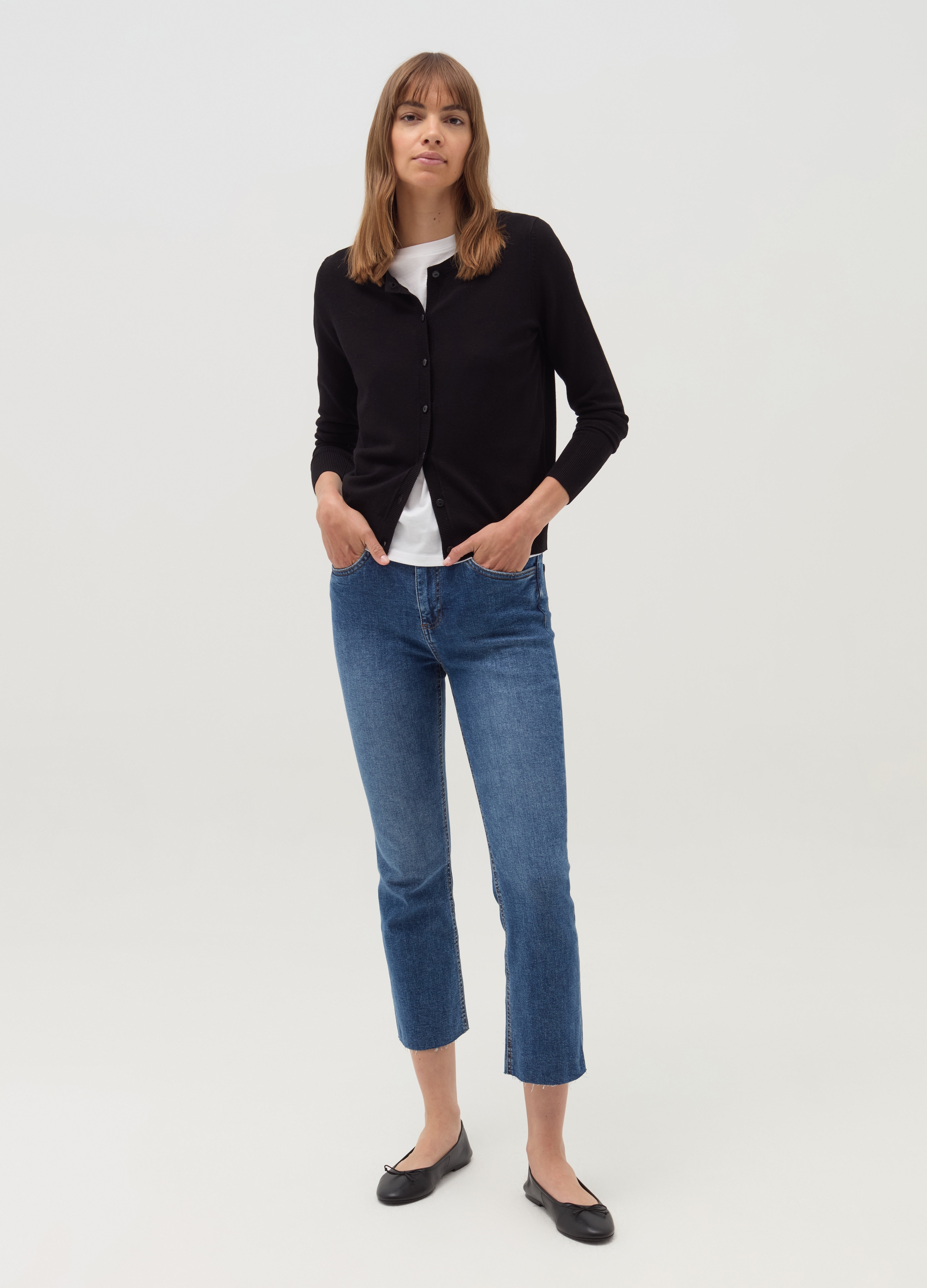 Cárdigan Color Liso Con Cuello Redondo, Mujer, Negro, Talla: 36