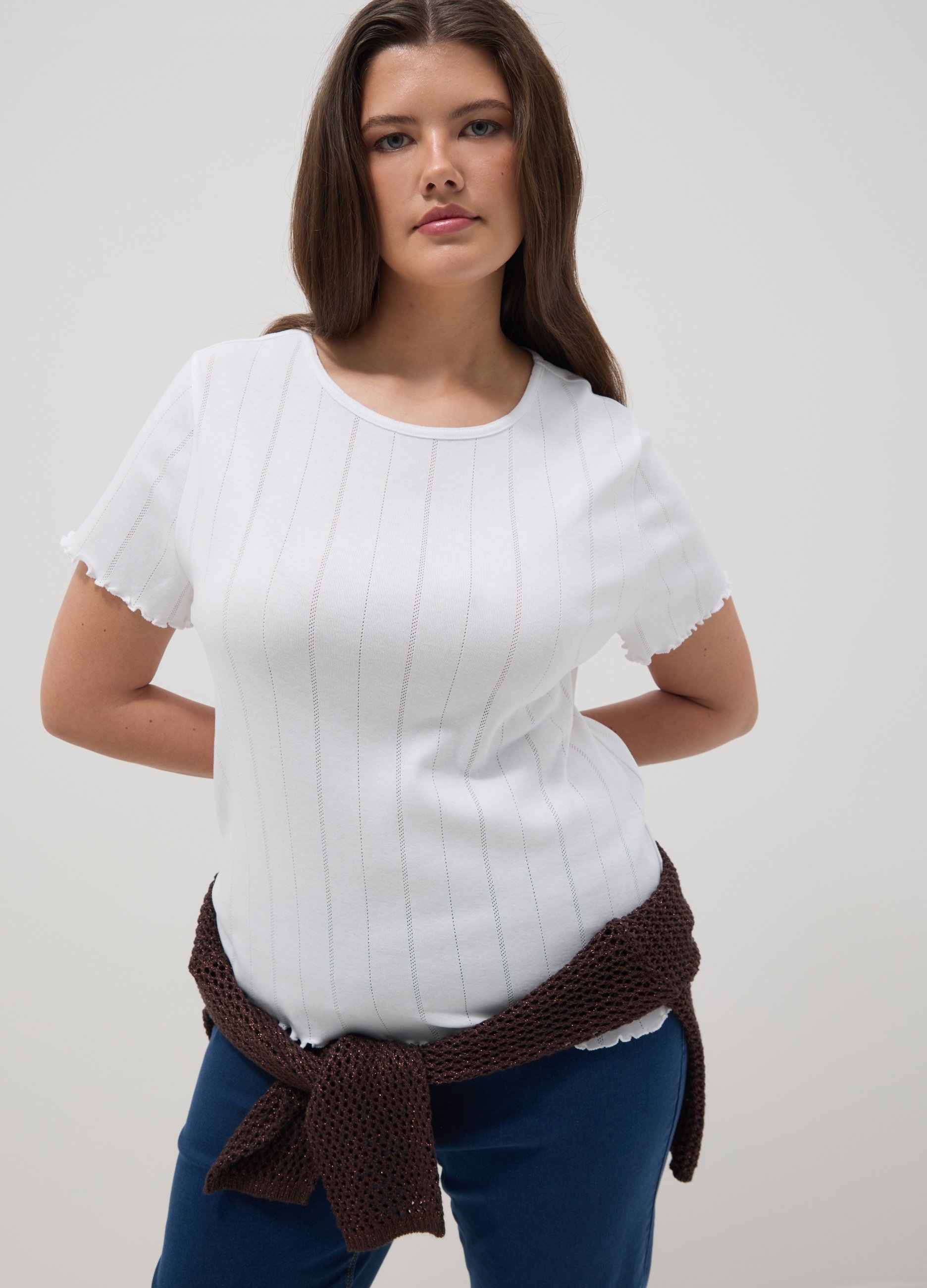 Camiseta Blanca De Algodón Puro Con Rayas Y Corte Regular, Mujer, Blanco óptico, Talla: M