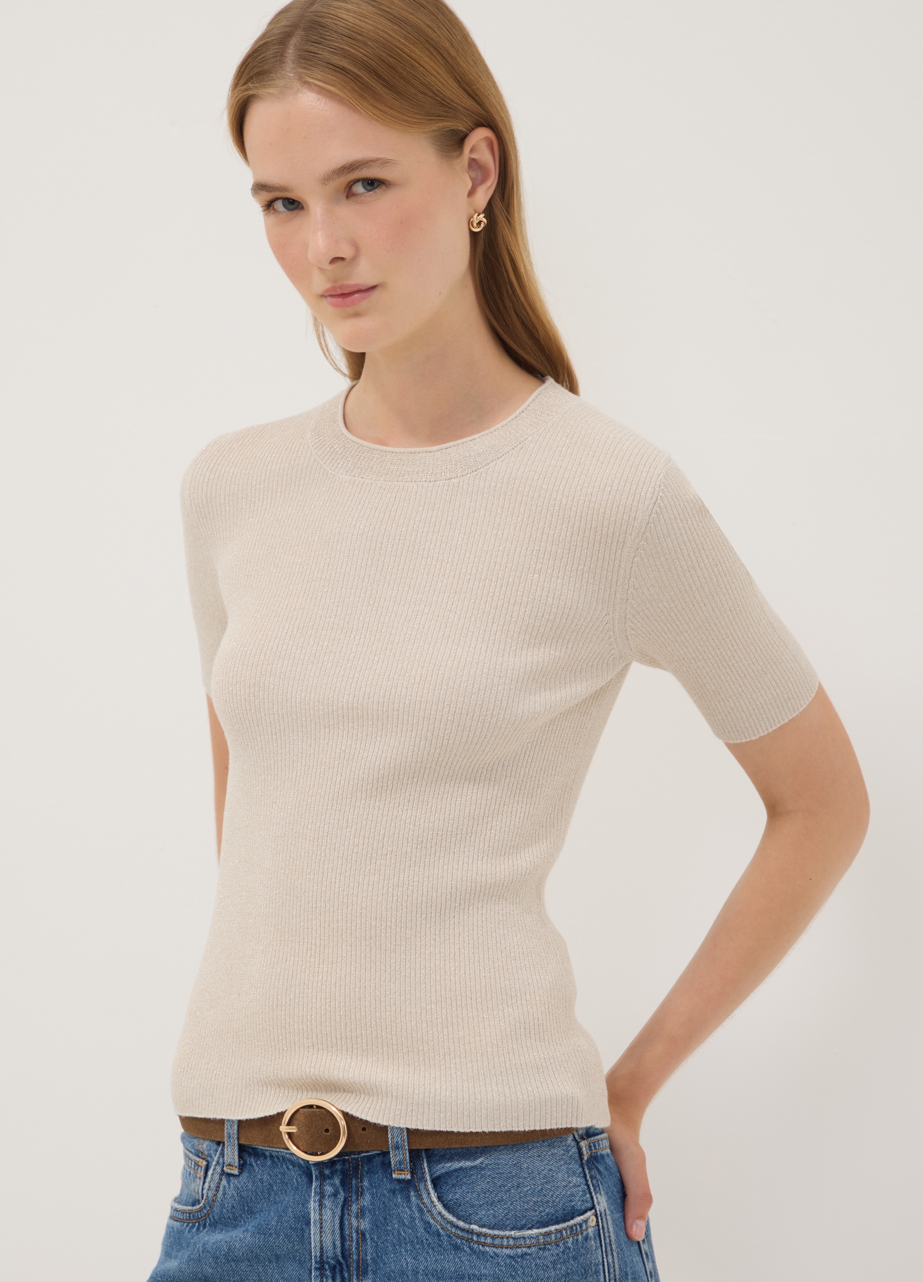 OVS, Maglia Fitted Beige In Misto Viscosa A Coste, Donna, Beige, Taglia: XS