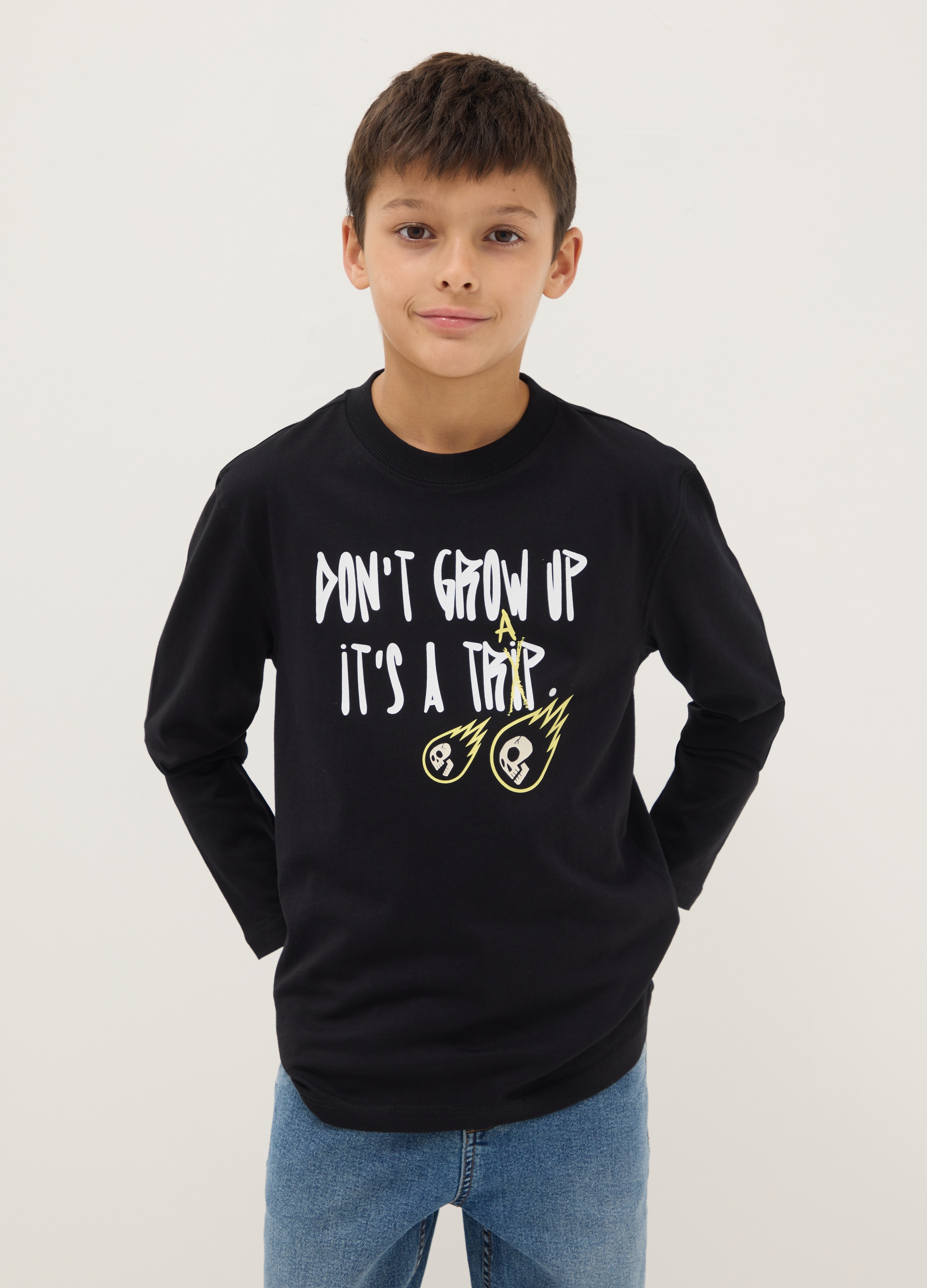 OVS KIDS, Camiseta Negra De Puro Algodón Ajuste Regular Con Estampado Para Niño, Niño, Gunmetal, Talla: 11-12