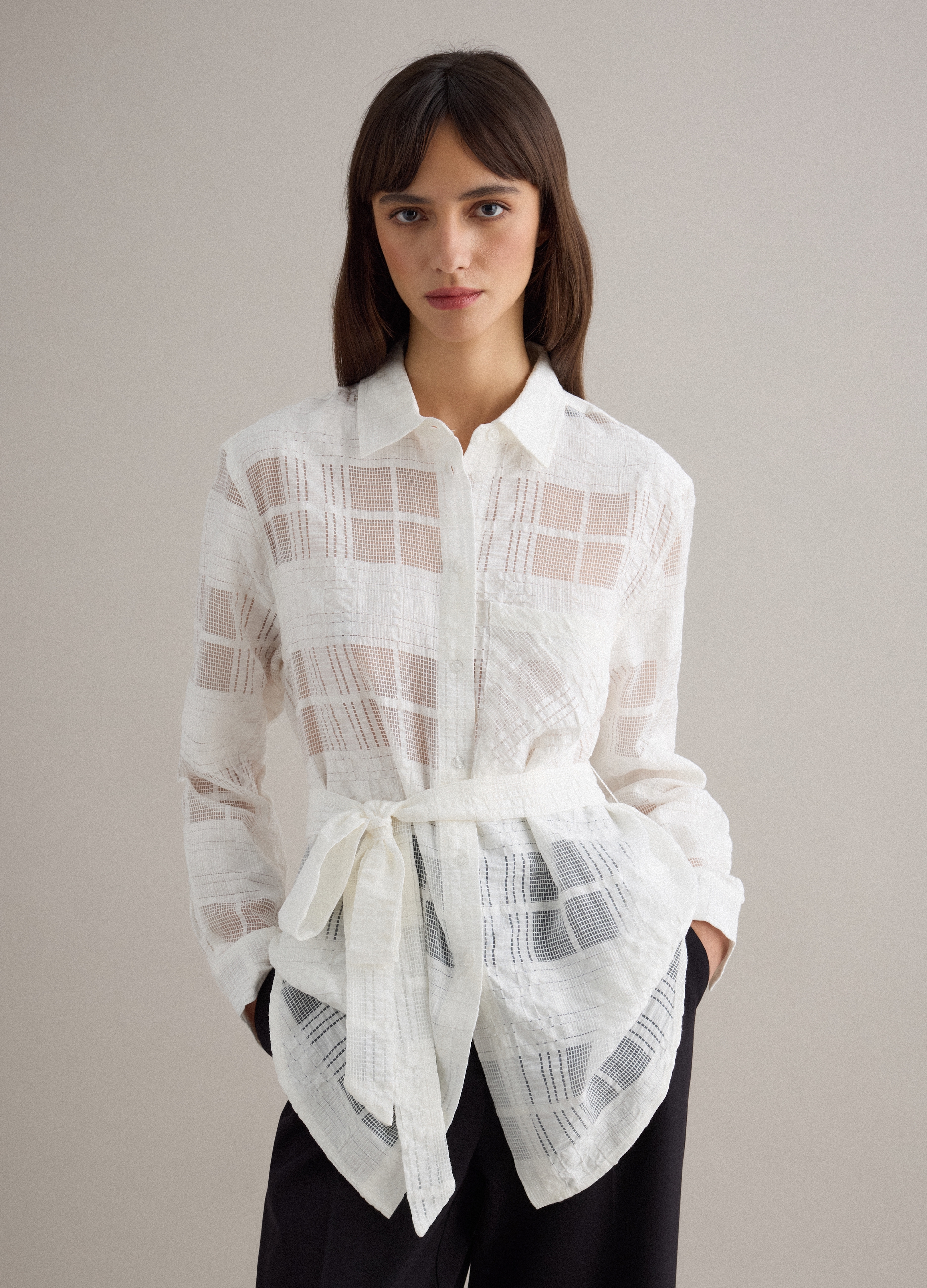 PIOMBO, Camisa Blanca De Mezcla De Viscosa, Ajuste Oversize A Cuadros Semitransparentes, Mujer, Blanco óptico, Talla: 40