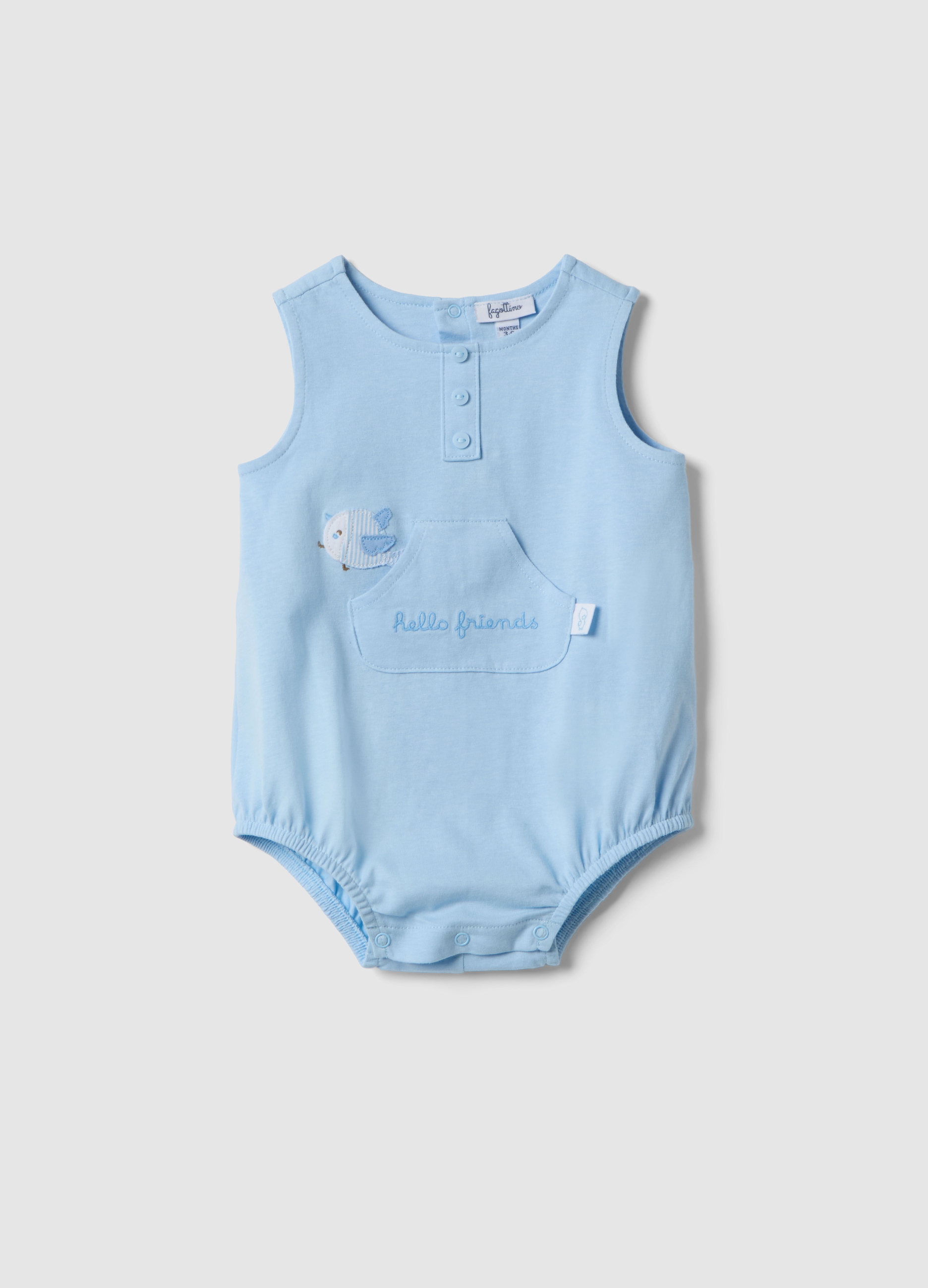 FAGOTTINO, Pagliaccetto Senza Maniche In Puro Cotone Azzurro Da Neonato Con Ricami, Bebé Niño, Azul claro, Talla: 1-3