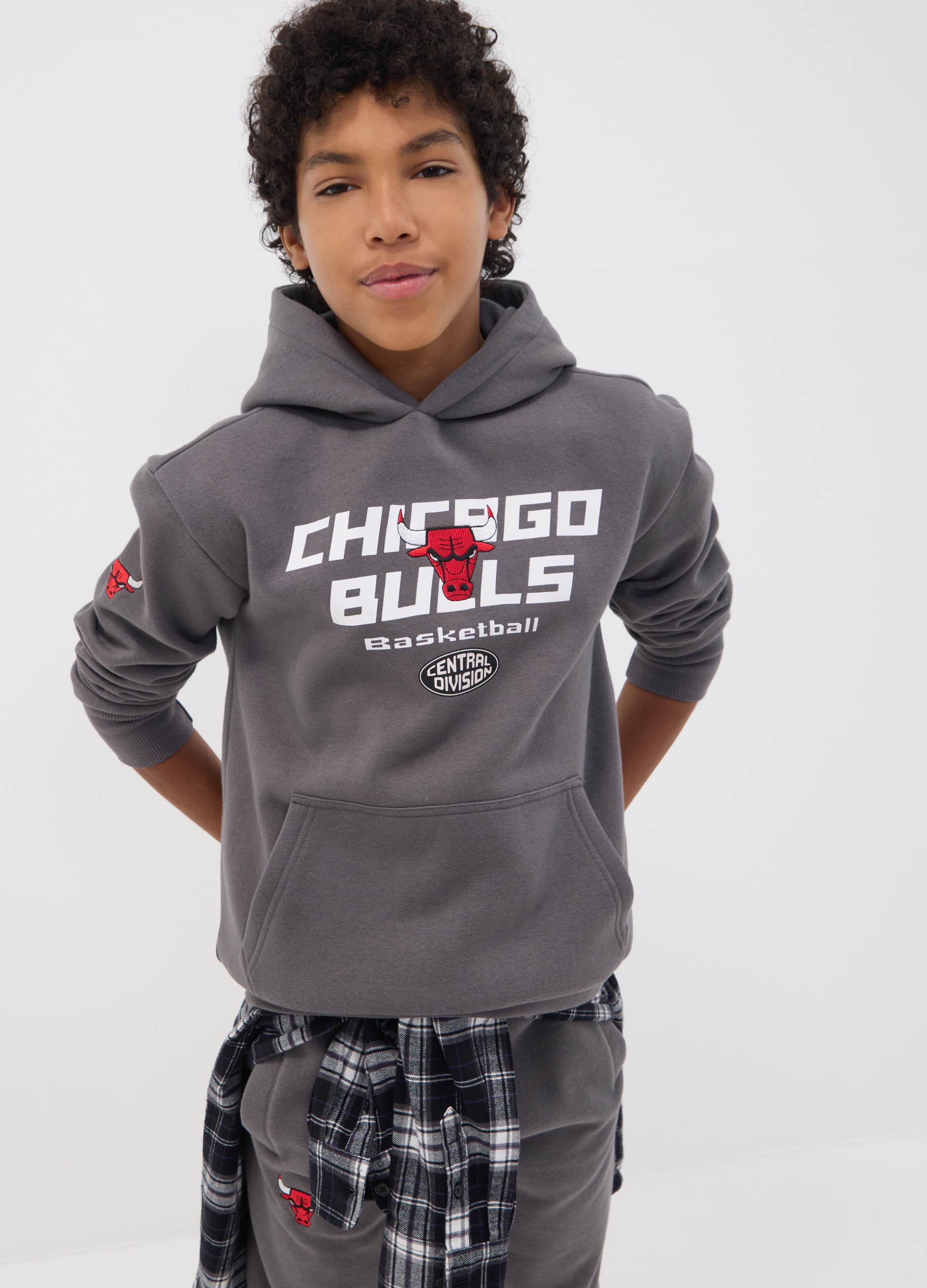 NBA, Felpa Grigia Con Cappuccio In Misto Cotone E Stampa Chicago Bulls Per Ragazzo, Bambino, Grigio, Taglia: 10-11