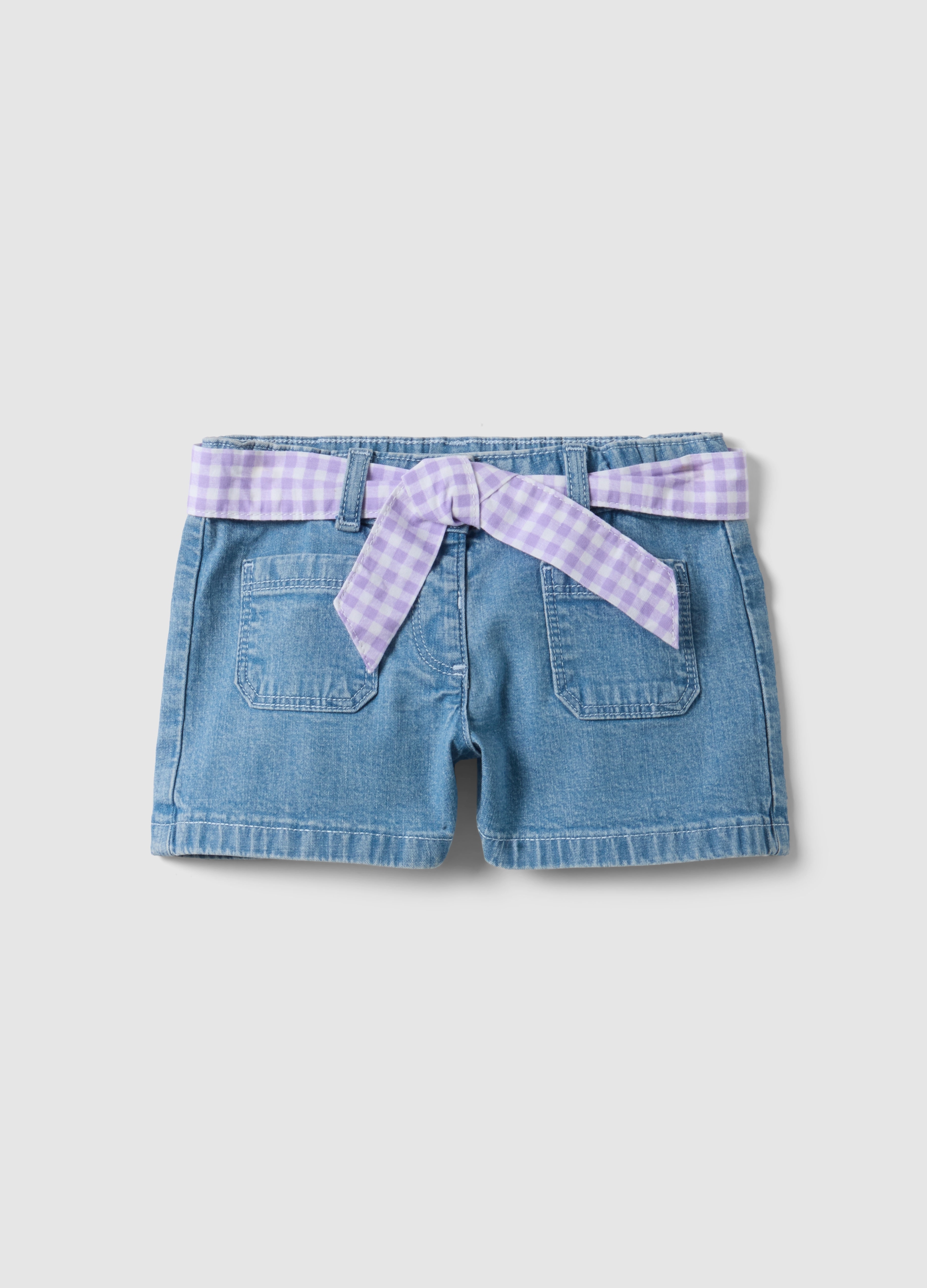 FAGOTTINO, Short Vaquero Azul Para Niña En Algodón Elástico Con Cinturón Vichy, Niña, Azul vaquero, Talla: 18-24