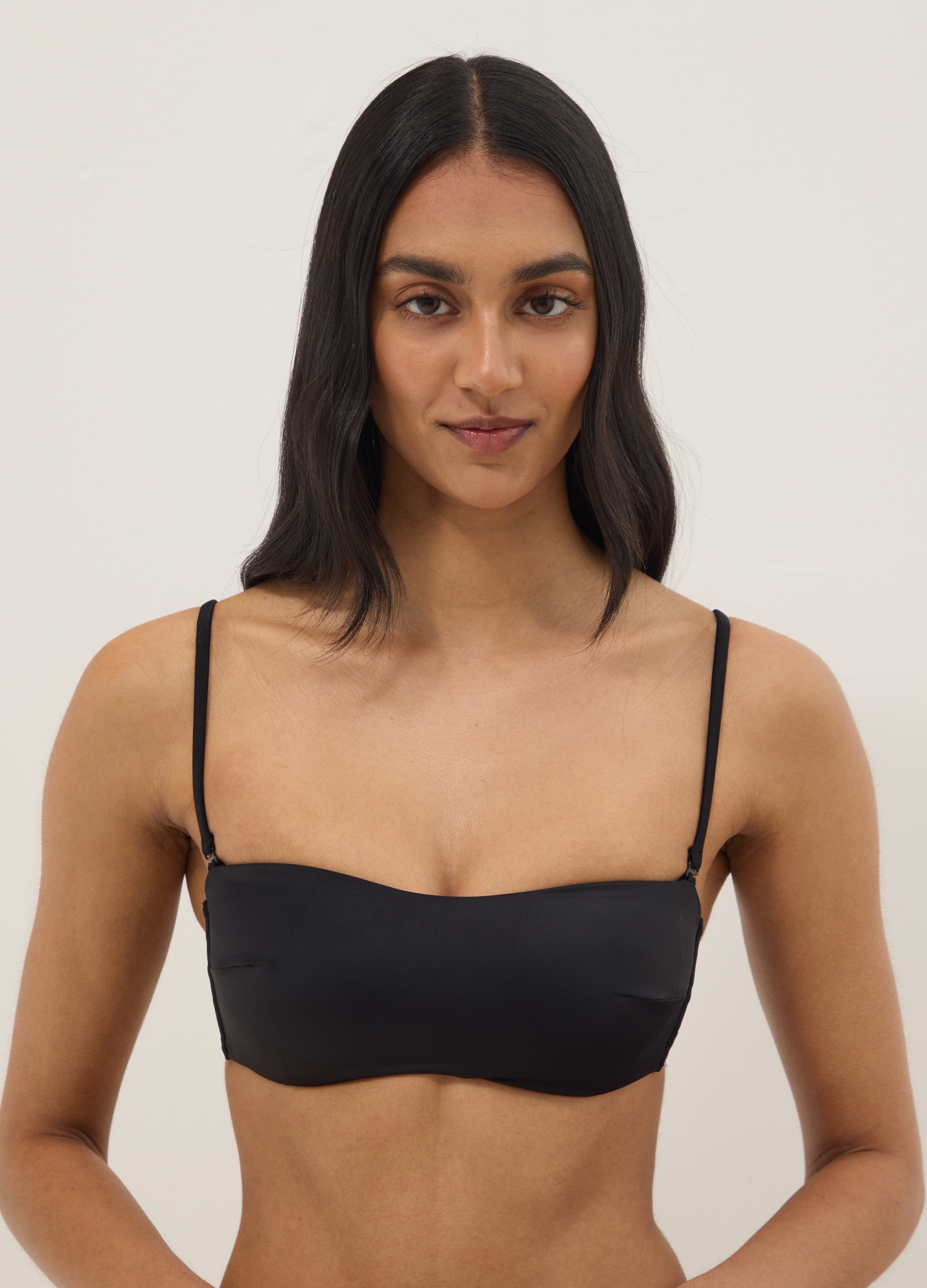Top De Bikini Bandeau Negro De Tejido Elástico Con Relleno, Mujer, Negro, Talla: 4