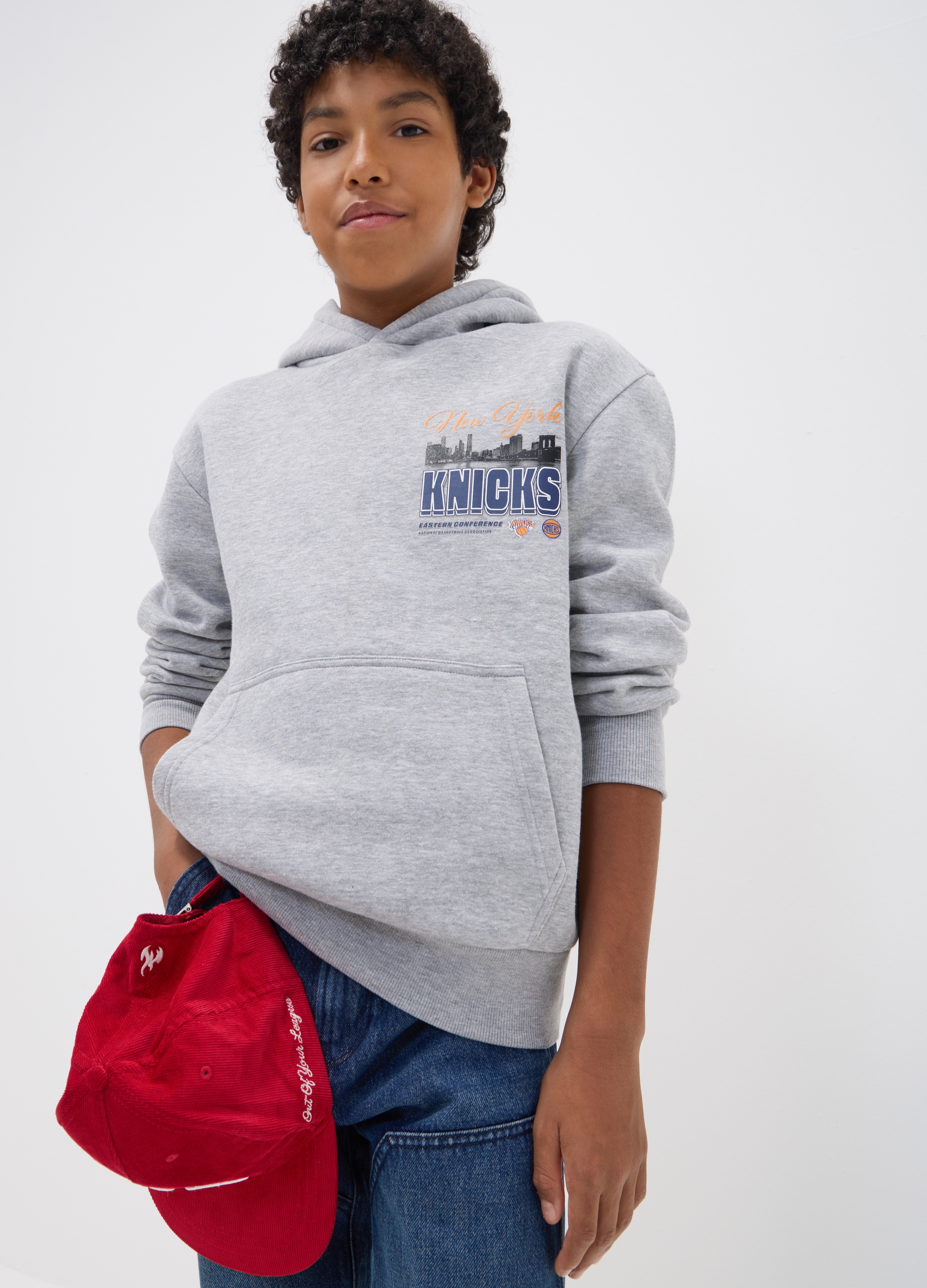 NBA, Felpa Grigia Con Cappuccio In Misto Cotone Con Stampa New York Knicks, Bambino, Grigio, Taglia: 10-11
