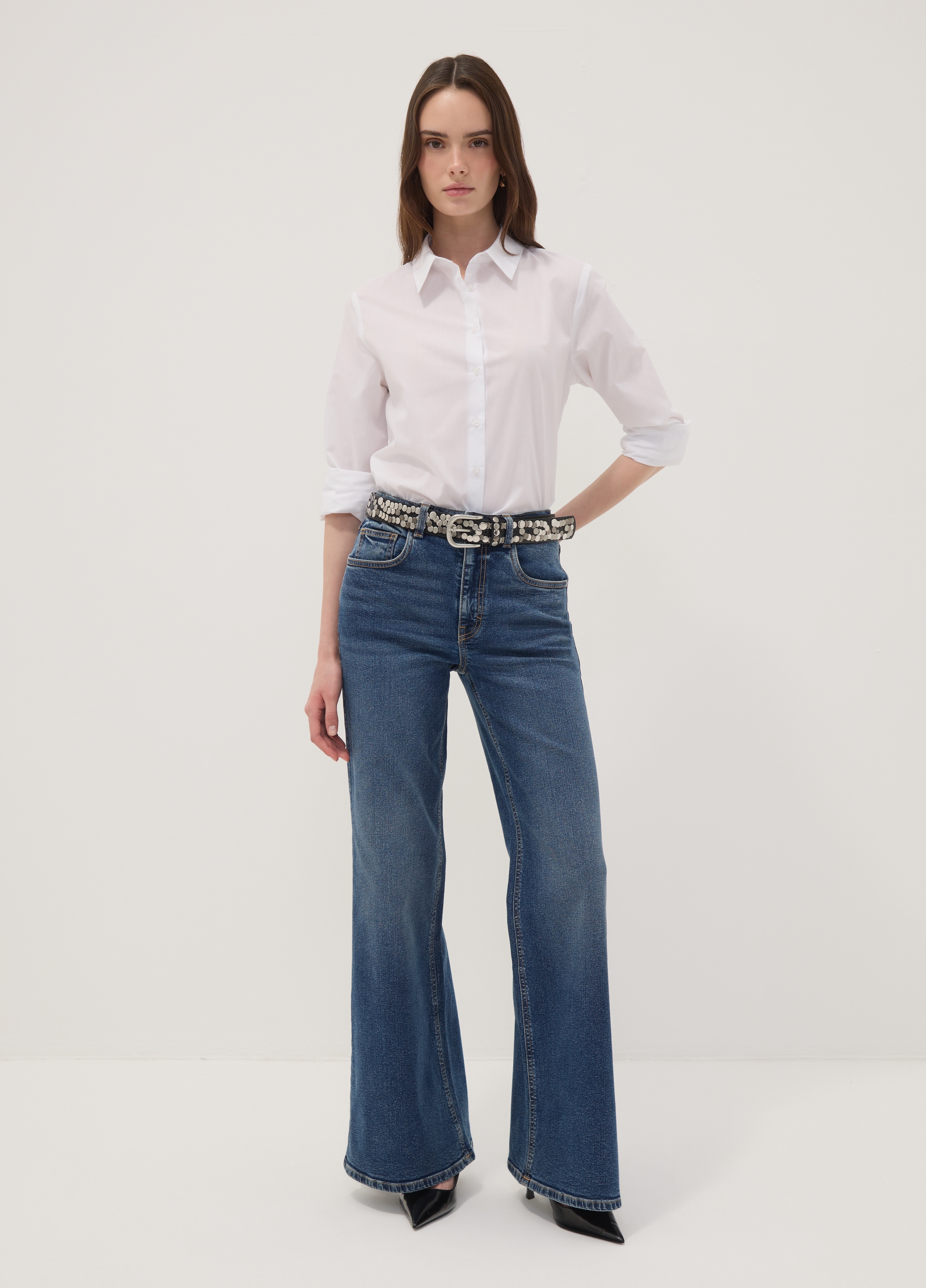 REPUBLIC OF DENIM, Jeans Blu Wide Leg In Cotone Elasticizzato A Vita Alta, Donna, Blu, Taglia: 38