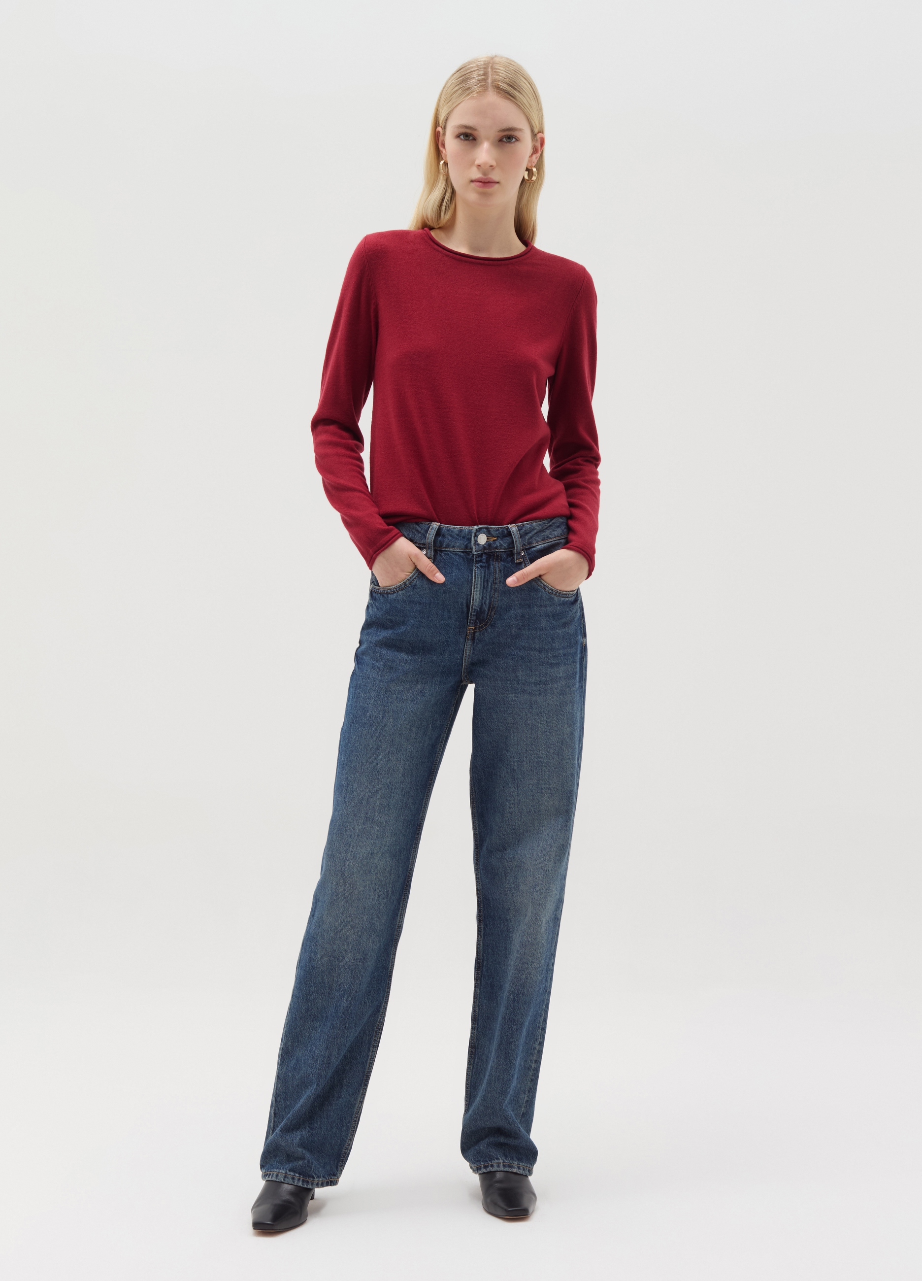 Jersey Con Bordes Enrollados., Mujer, Rojo Oscuro, Talla: 38