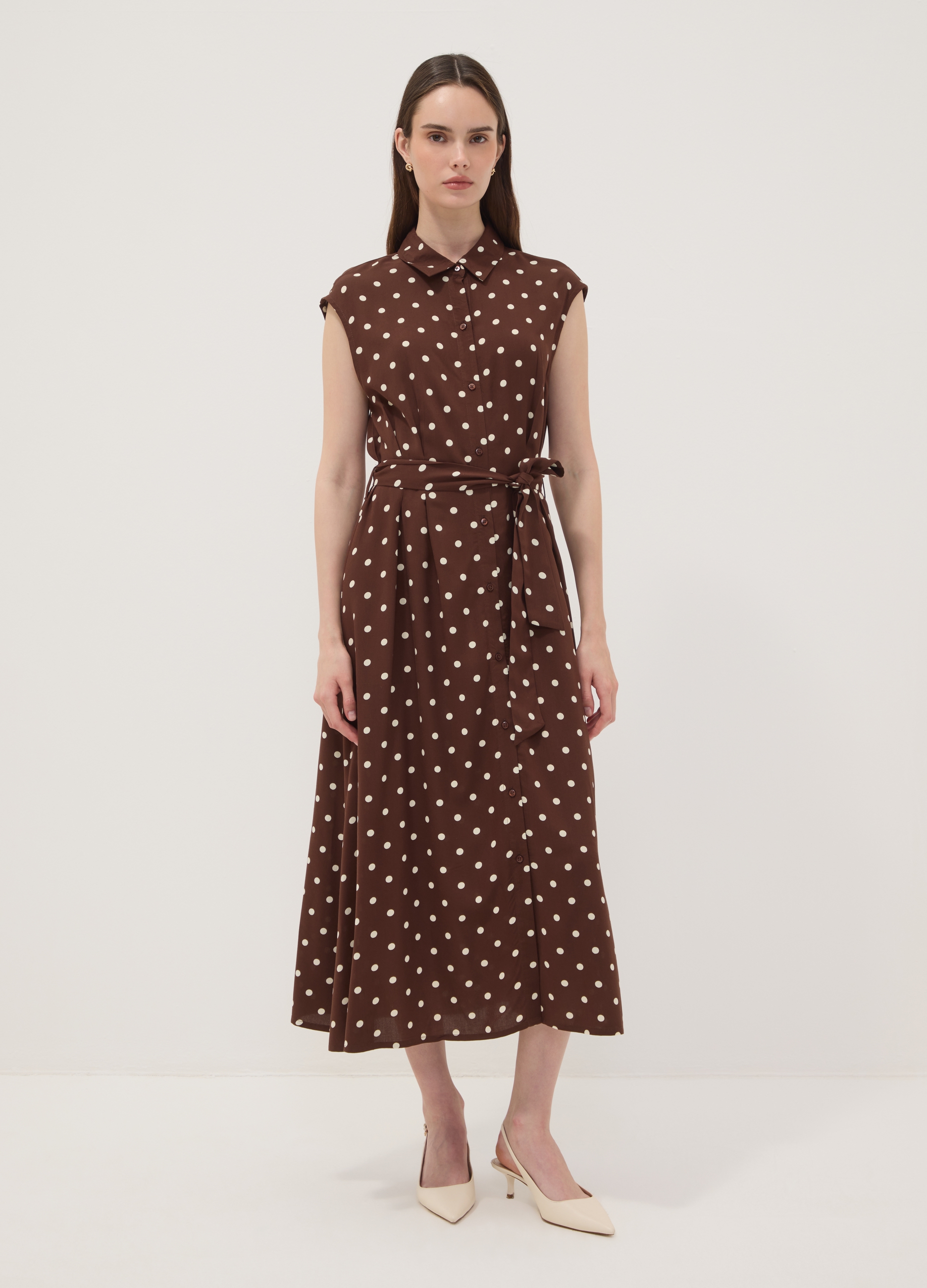 OVS , Vestido Midi Marrﾃｳn De Viscosa Pura Con Lunares, Corte Regular, Mujer, Blanco/marrﾃｳn, Talla: 42