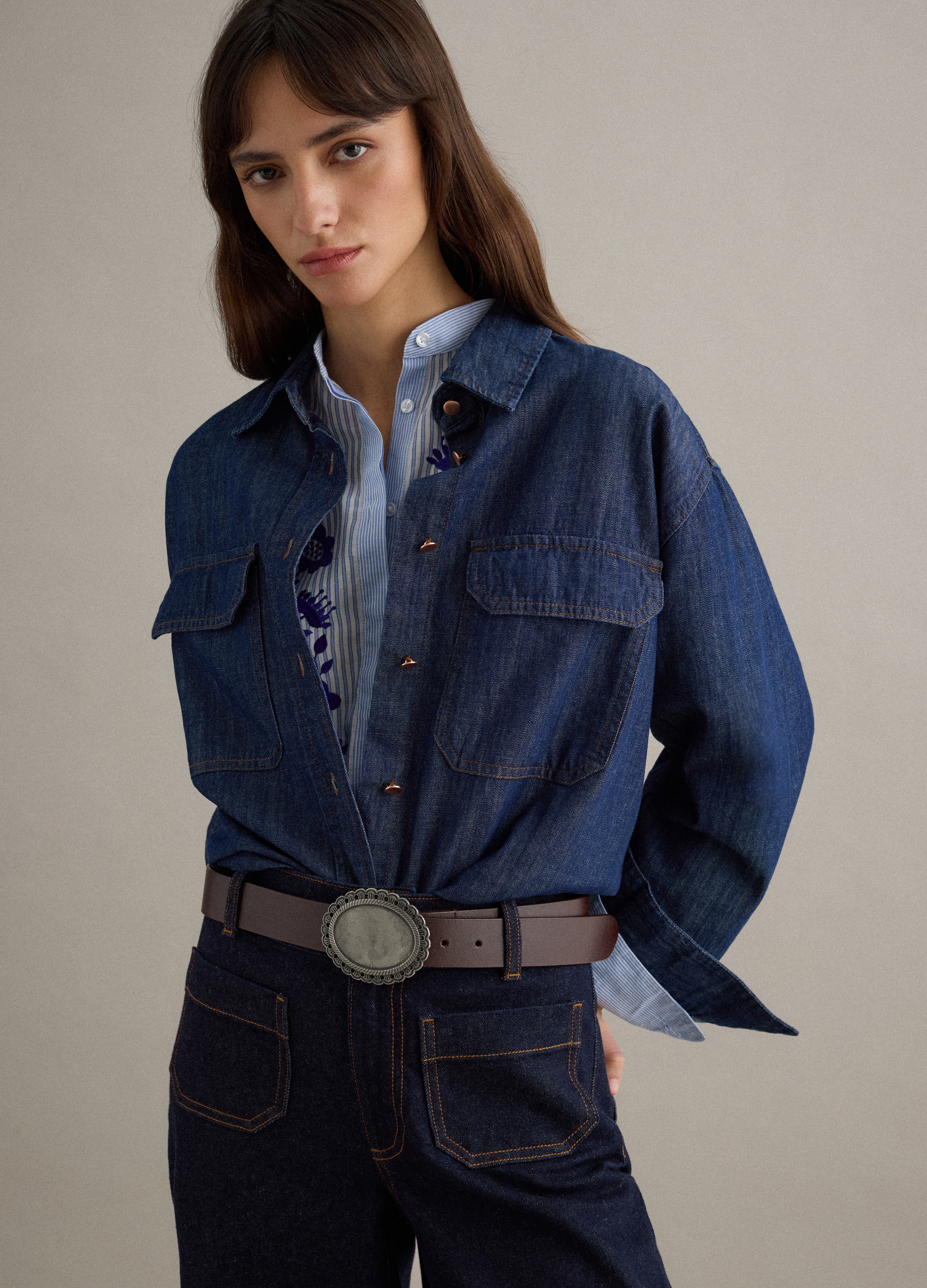 PIOMBO, Blusa De Ajuste Regular En Algodón Denim Azul Puro, Mujer, Azul vaquero, Talla: M