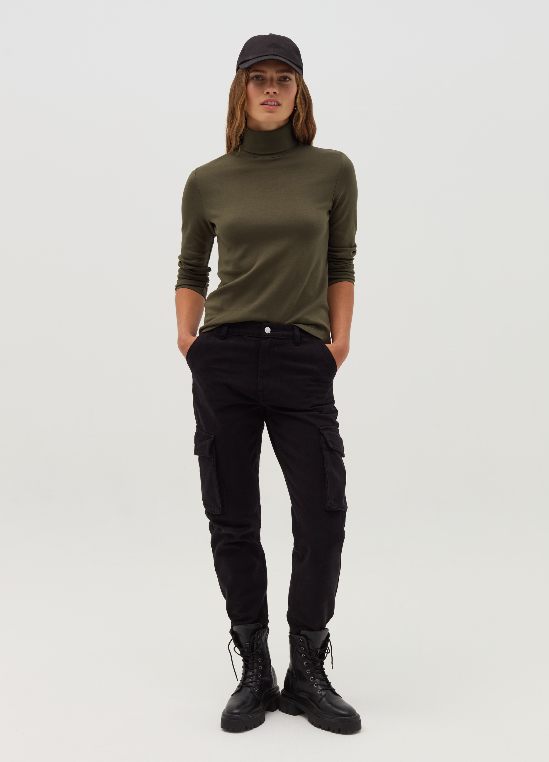 Camiseta De Cuello Alto De Manga Larga, Mujer, Verde militar, Talla: 34