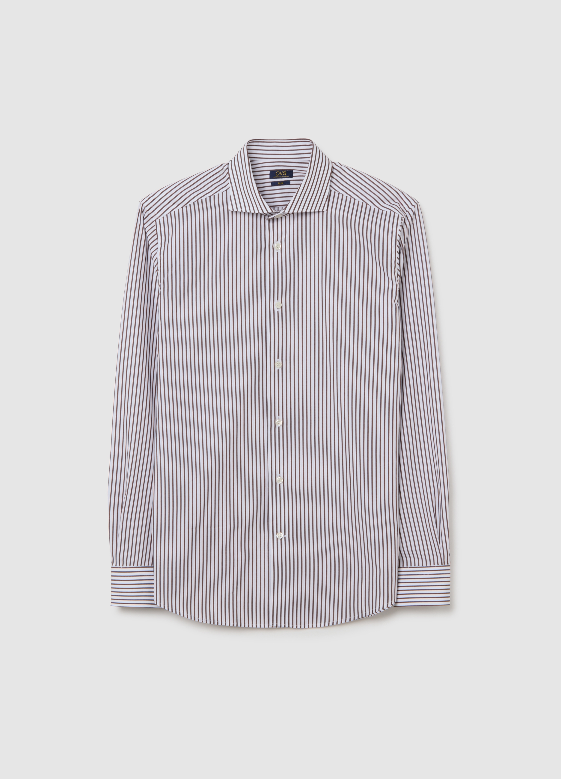 Camisa Multicolor De Algodón Puro Slim Fit A Rayas Con Cuello Francés, Hombre, Blanco/marrón, Talla: 41