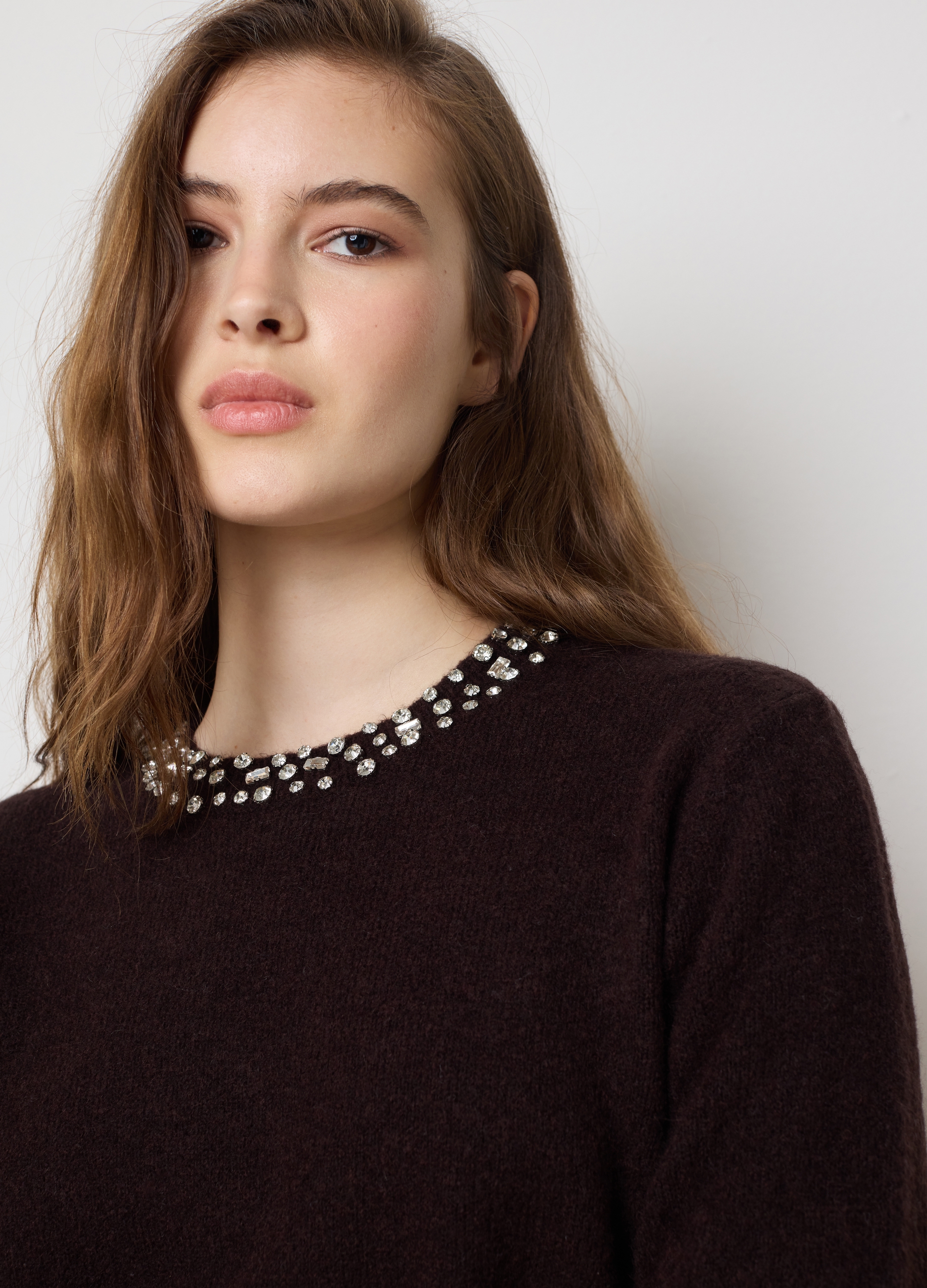 Suéter Marrón De Ajuste Regular Con Cuello Joya, Mujer, Marrón oscuro, Talla: 40