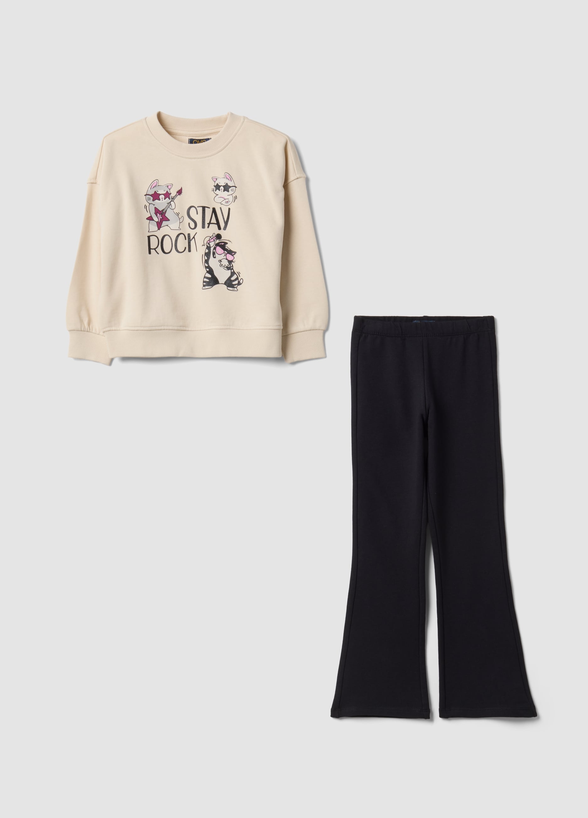 OVS KIDS, Tuta Beige E Nera In Puro Cotone Con Felpa Girocollo Per Bambina, Nero, Taglia: 4-5