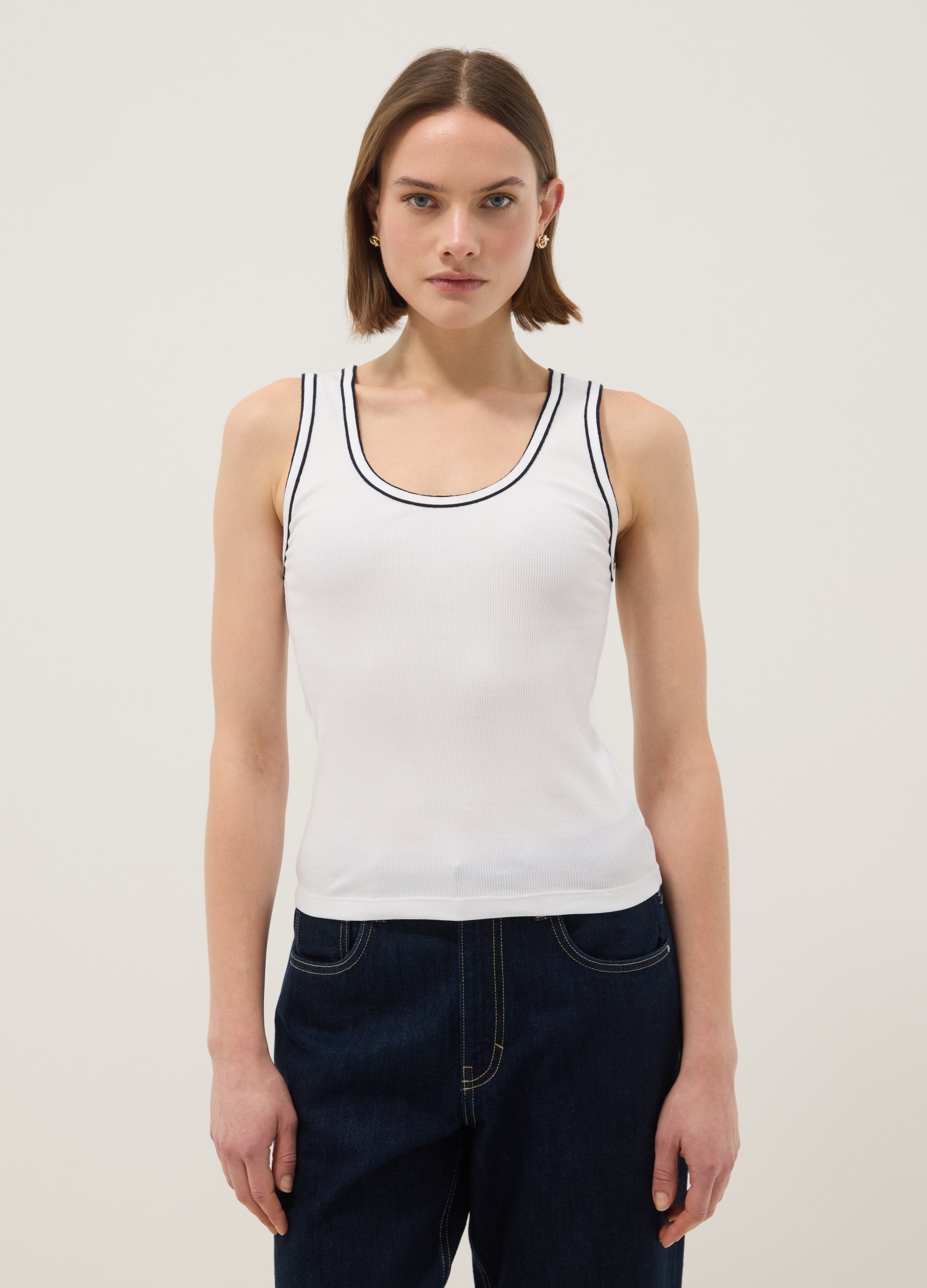 OVS, Tank Top In Cotone Elasticizzato Bianco Regular Fit Con Bordo, Donna, Bianco, Taglia: L