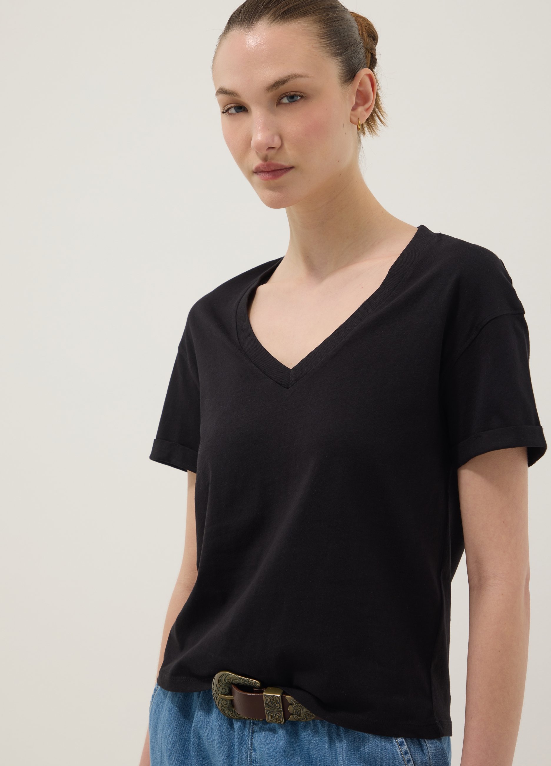T-shirt In Puro Cotone Nera Relaxed Fit Con Collo A V, Mujer, Negro, Talla: 40
