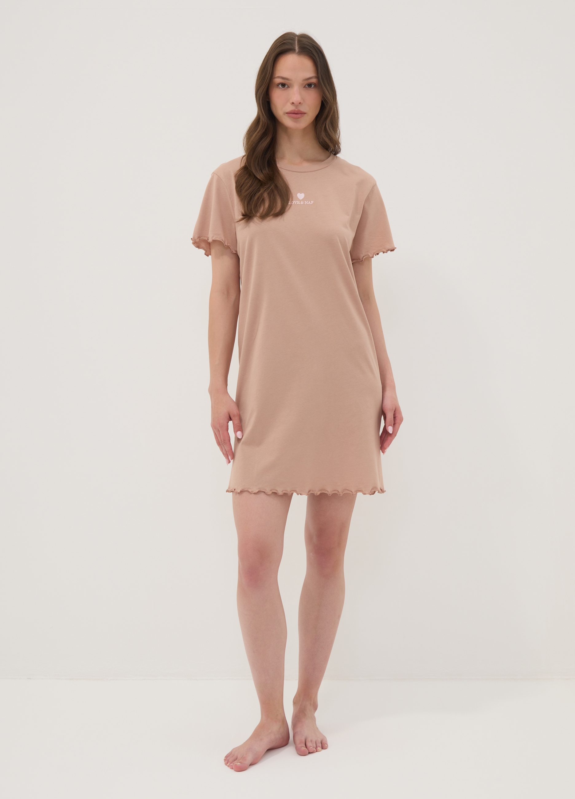 OVS, Camicia Da Notte Beige In Puro Cotone Organico Con Orli Arricciati, Donna, Marrone, Taglia: S