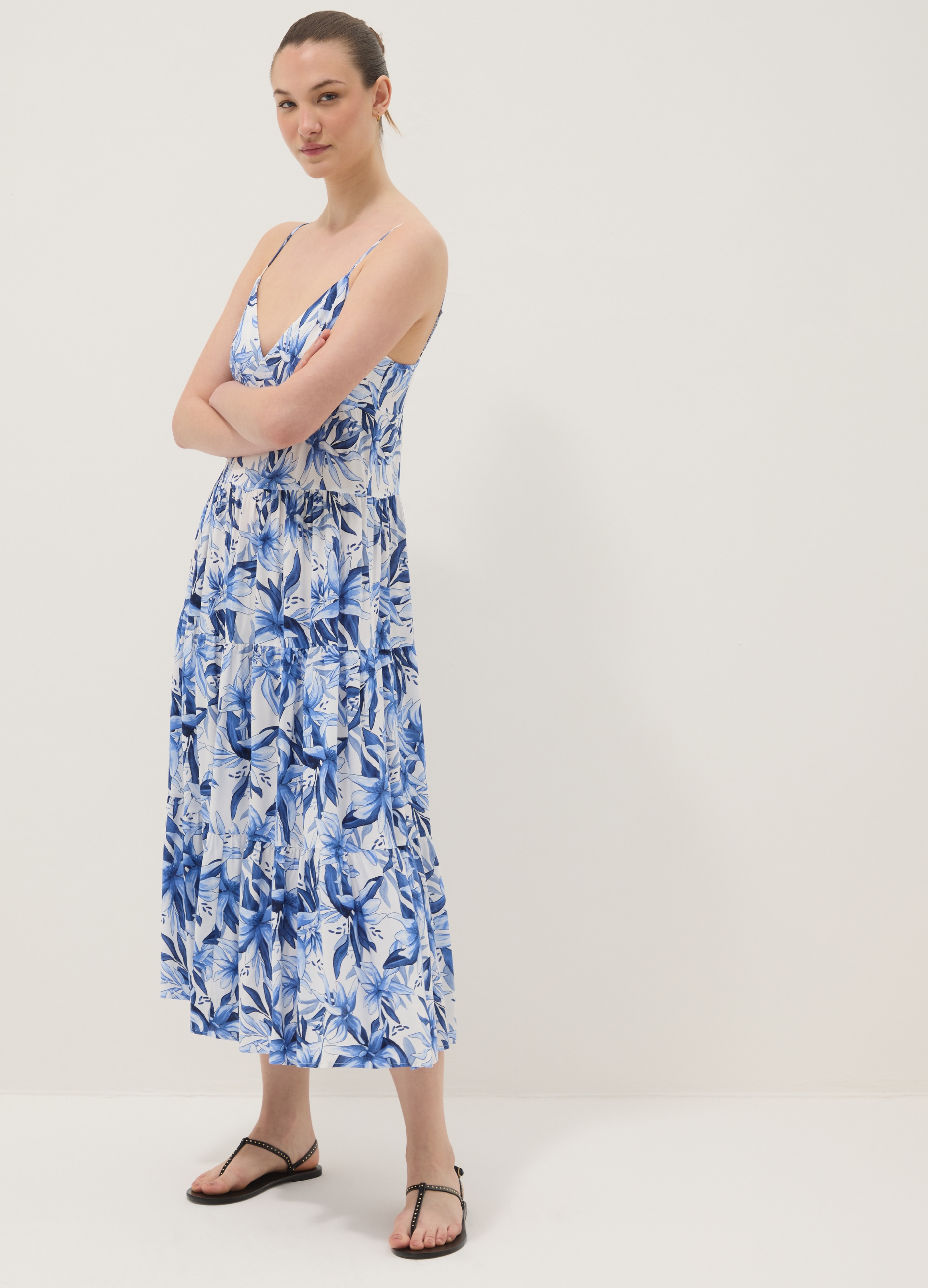Ovs Mujer Blanco/Azul Vestido Maxi Y De Viscosa Pura Con Estampado Floral, Talla: 34