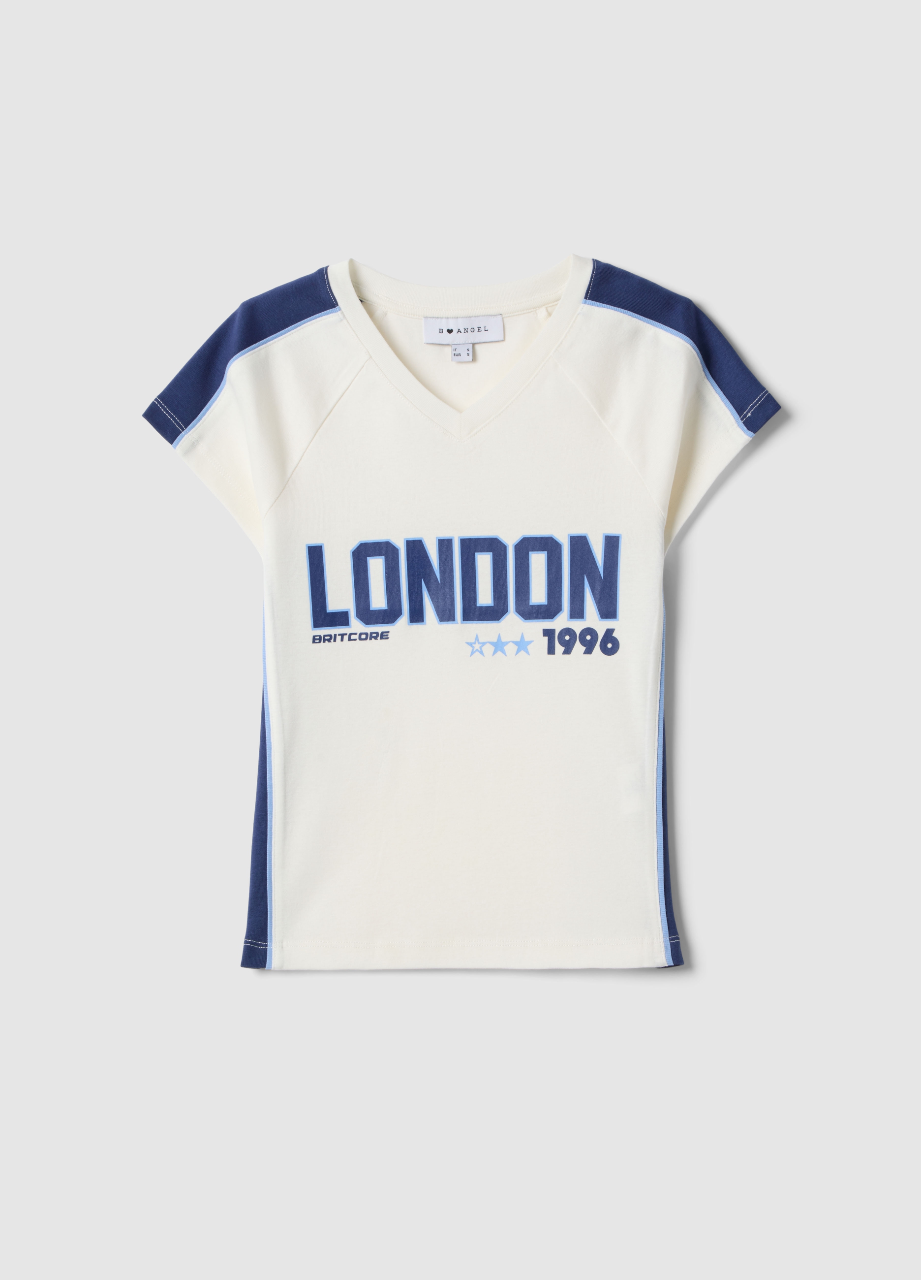 B.ANGEL, Camiseta Blanca De Algodón Puro De Corte Slim Con Cuello En V Y Estampado, Mujer, Blanco óptico, Talla: 36