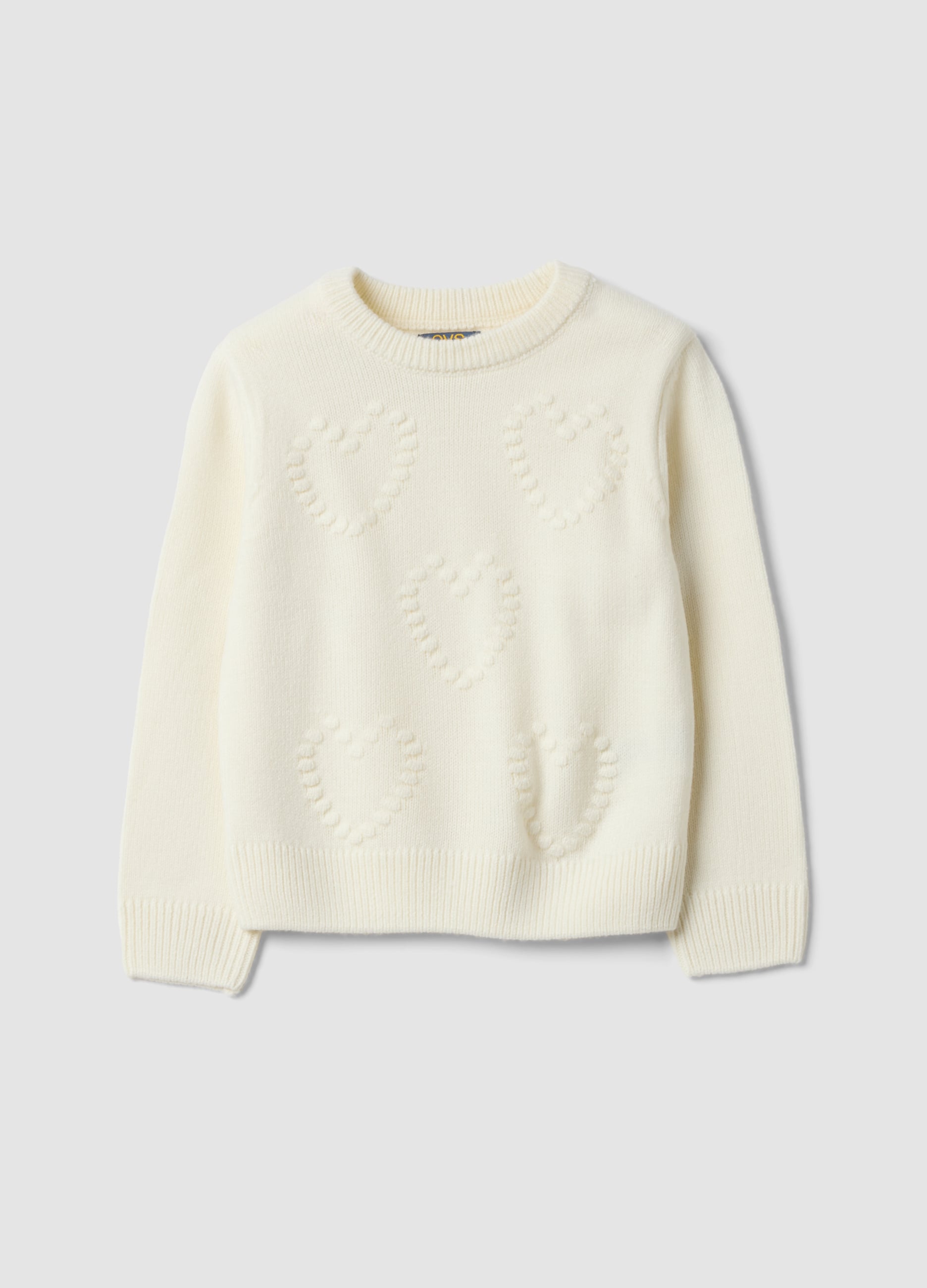 OVS KIDS, Maglione Bianco Girocollo Con Cuori In Rilievo Regular Fit Per Bambina, Bianco, Taglia: 9-10