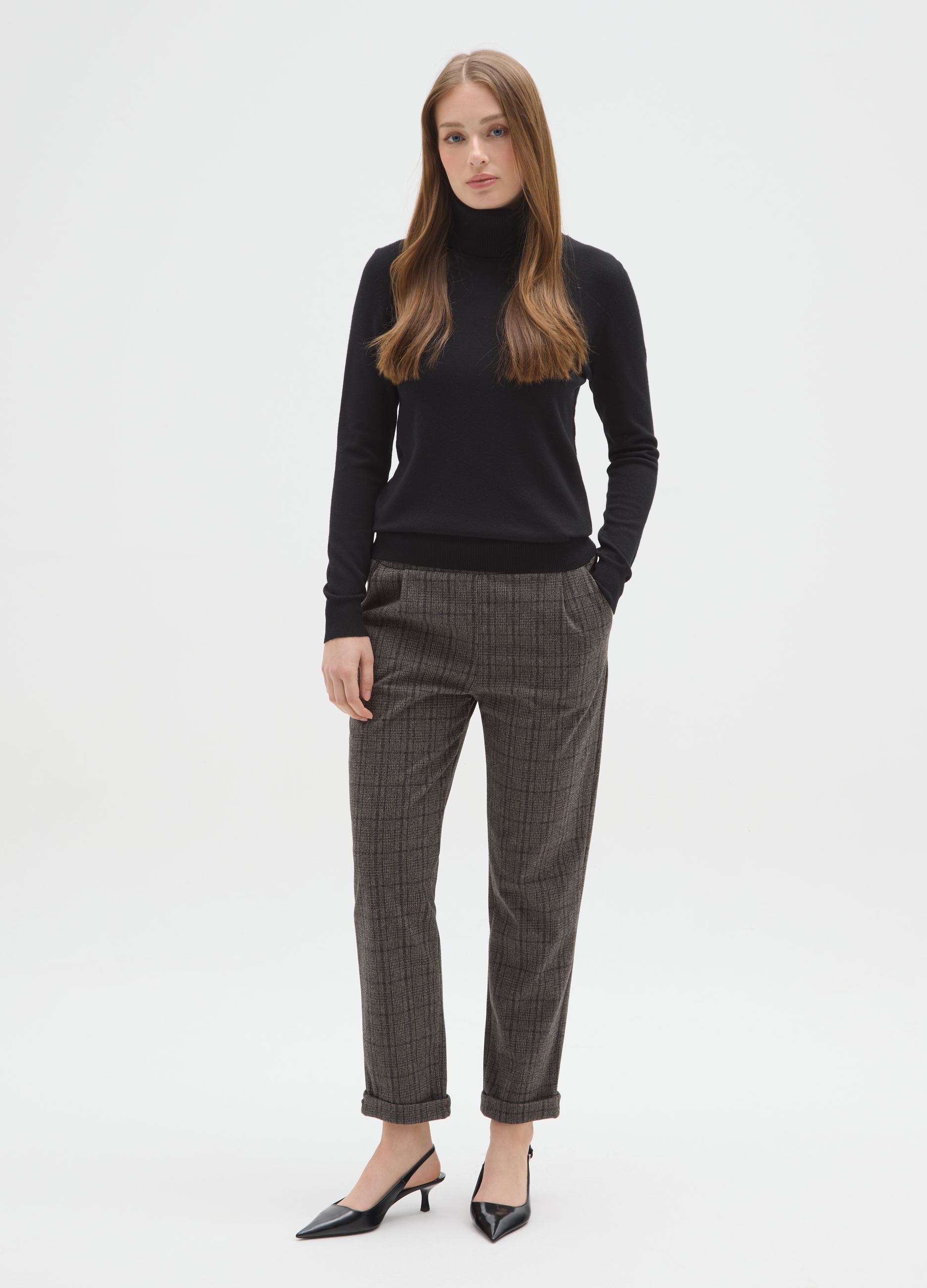 HYBRID, Pantaloni Grigi A Quadri In Tessuto Elasticizzato Regular Fit, Donna, Grigio, Taglia: XL