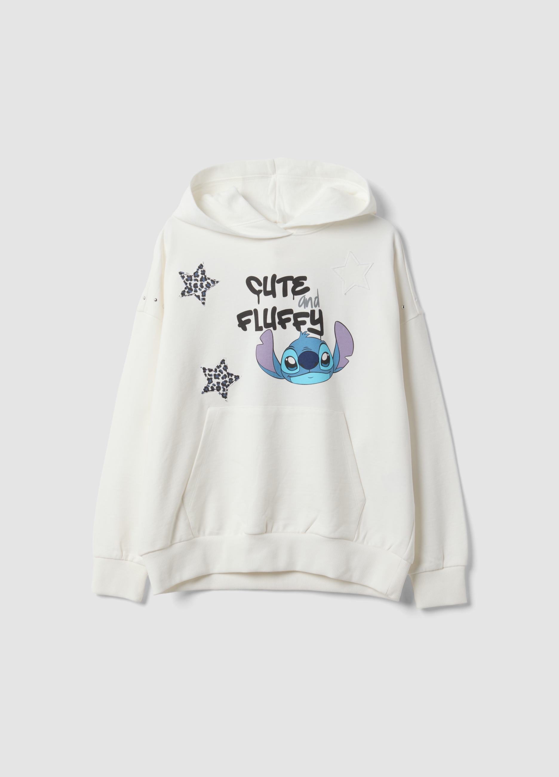 DISNEY, Felpa Over Bianca Con Cappuccio In Puro Cotone Con Stampa Stitch Per Ragazza, Bambina, Bianco, Taglia: 12-13