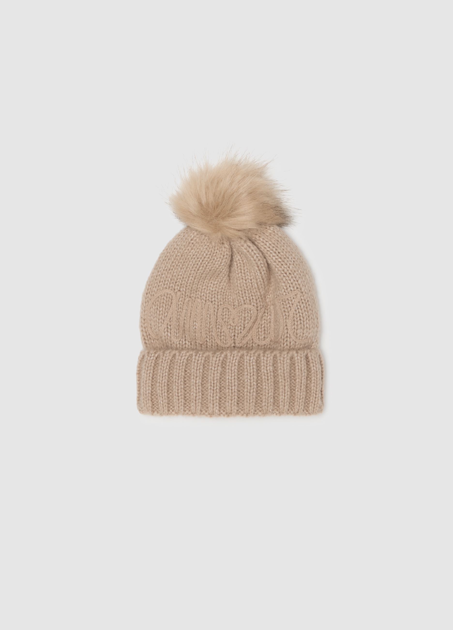 Gorro Beige Con Pompón Y Inscripción, Mujer, Arena, Talla: FASUL