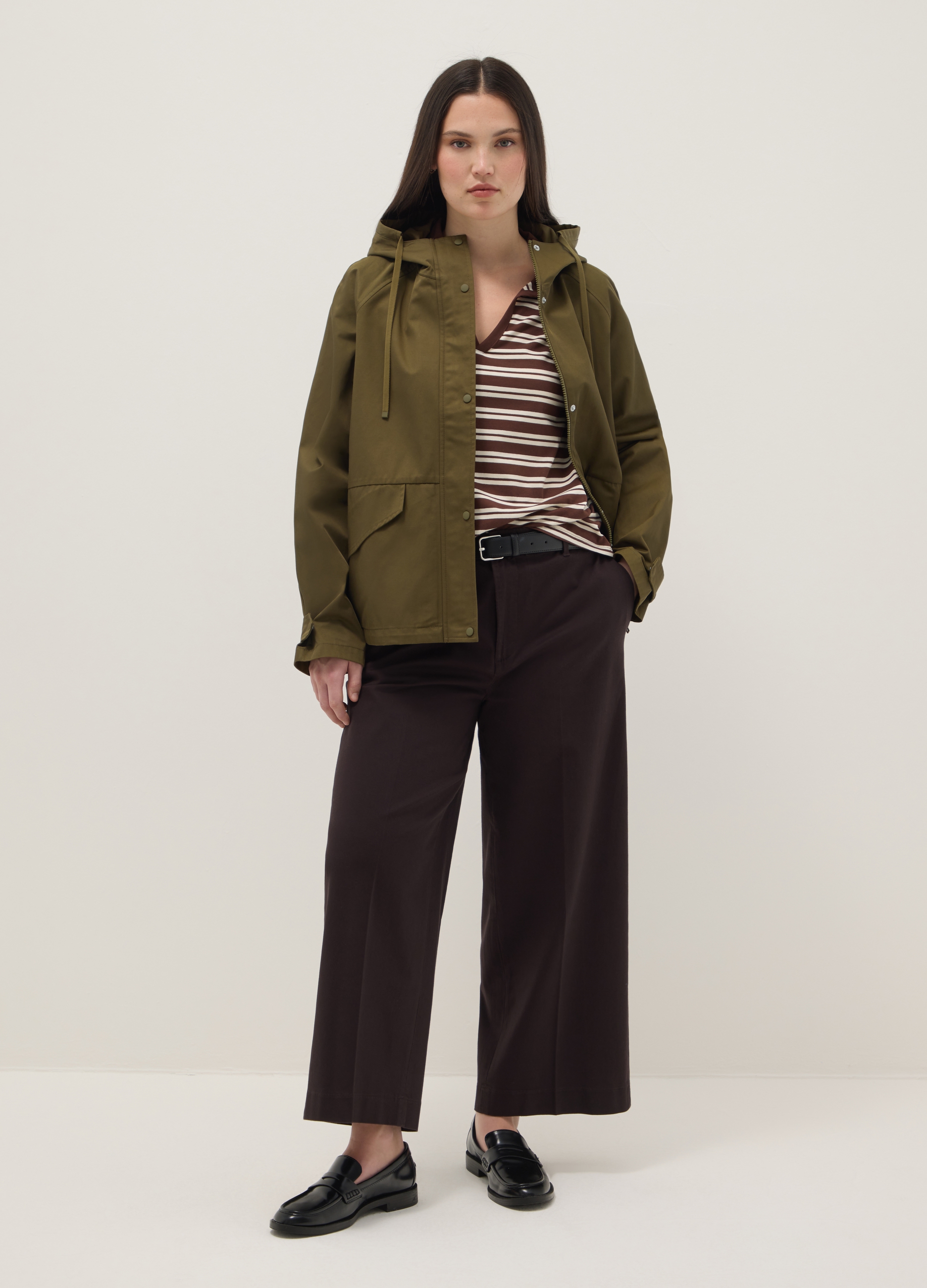 Pantalones Rectos Marrones De Algodón Elástico Ajuste Regular, Mujer, Marrón oscuro, Talla: S