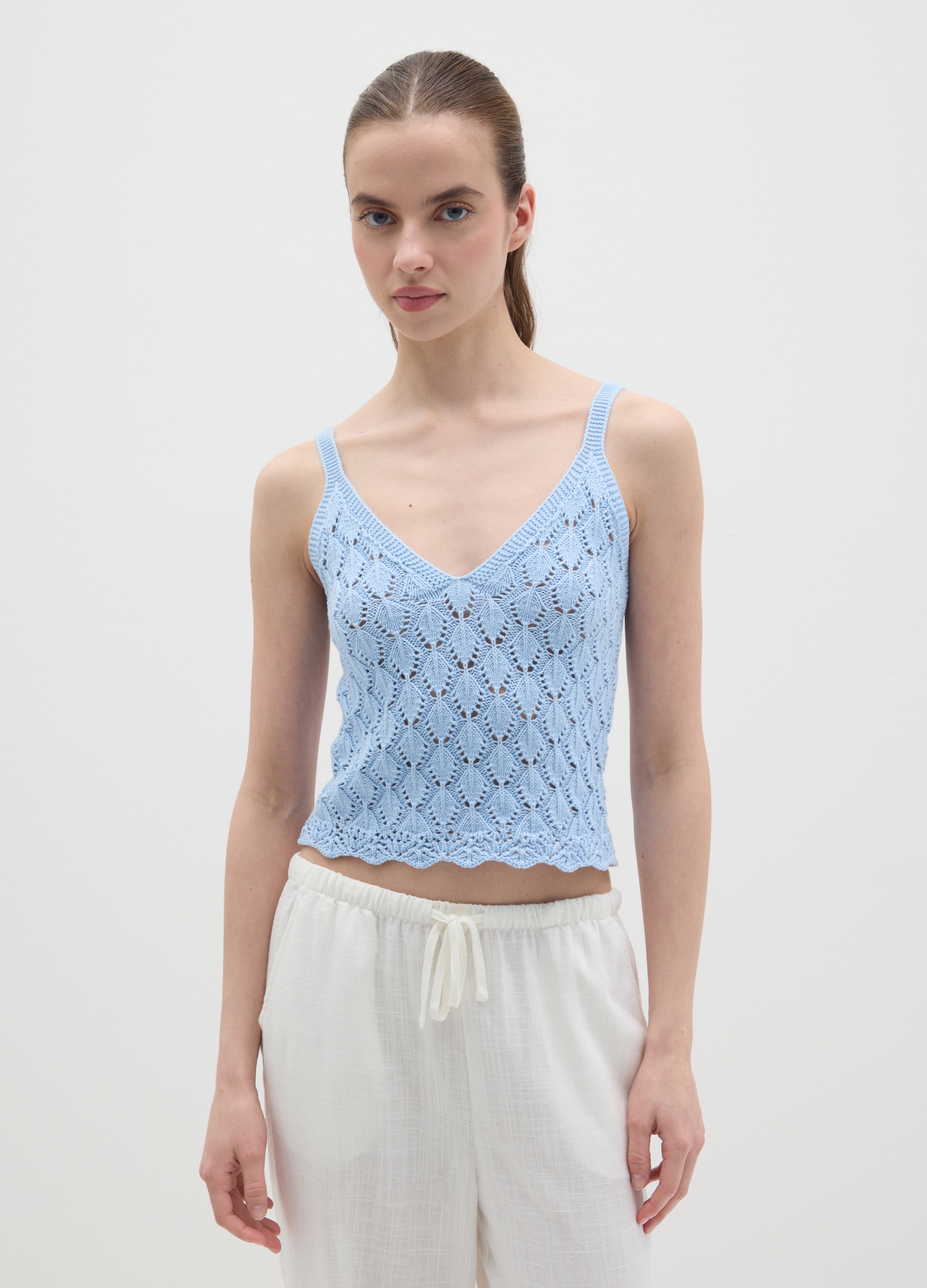 OVS, Top Corto Da Donna In Puro Cotone Azzurro Regular Fit Con Maglia Traforata, Azzurro, Taglia: M