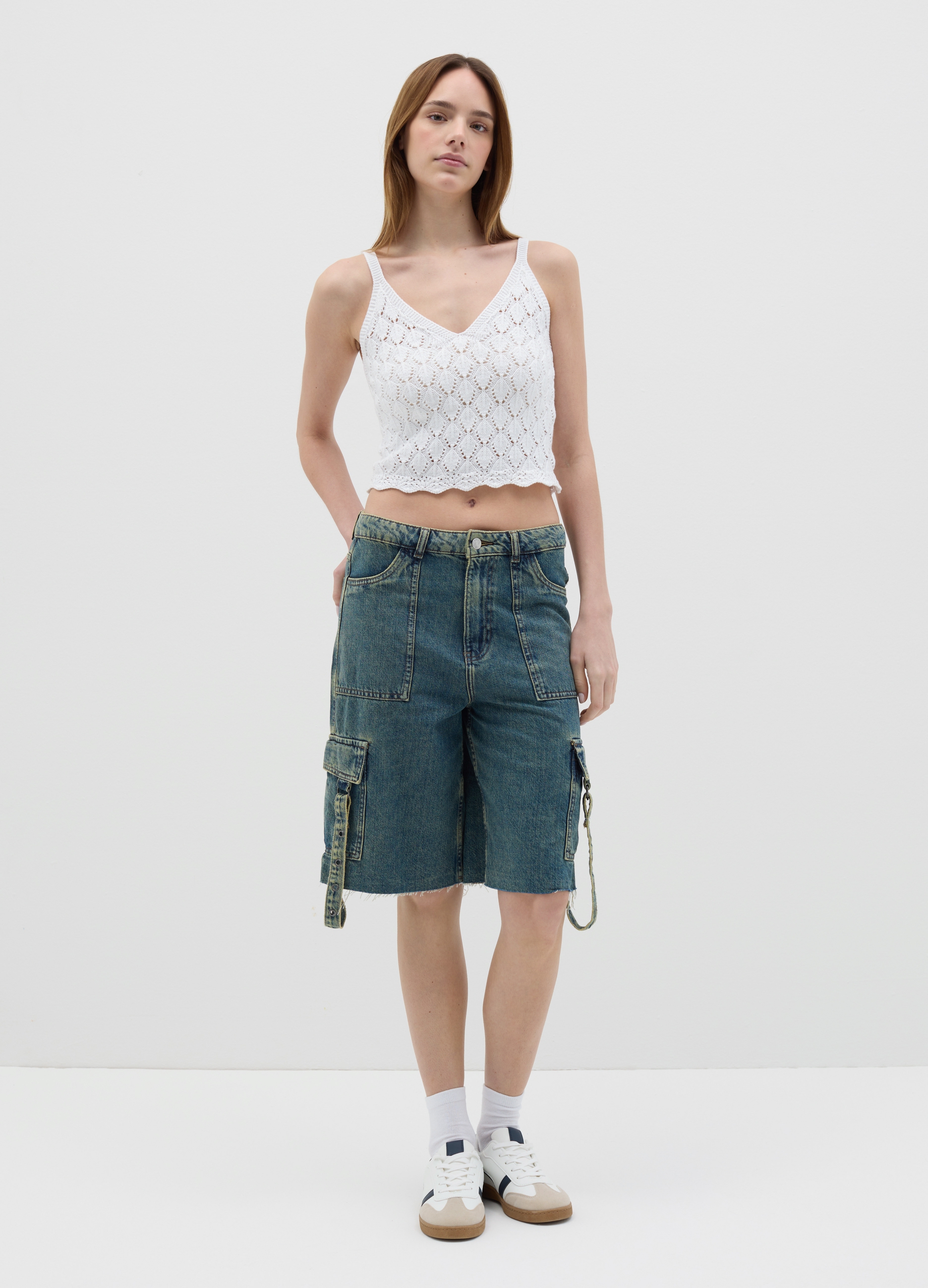 OVS, Top Corto Da Donna In Puro Cotone Bianco Regular Fit Con Maglia Traforata, Bianco, Taglia: M