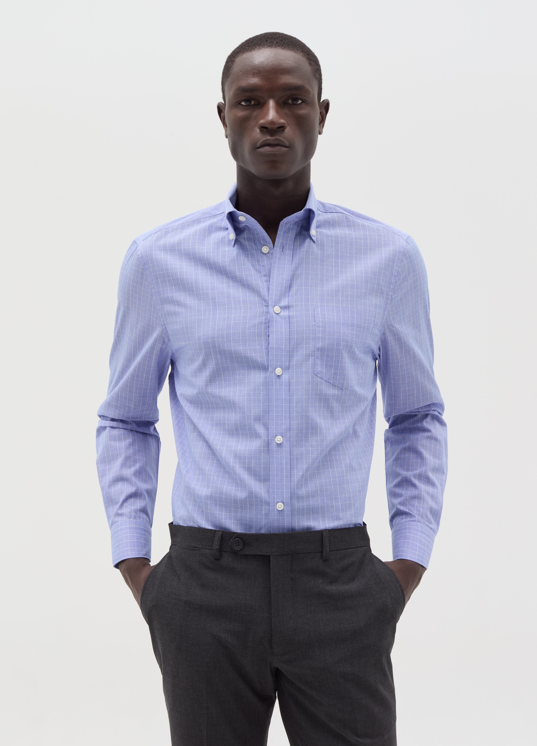 Camisa Regular Fit De Cuadritos Con Bolsillo, Hombre, Blanco/azul claro, Talla: 44