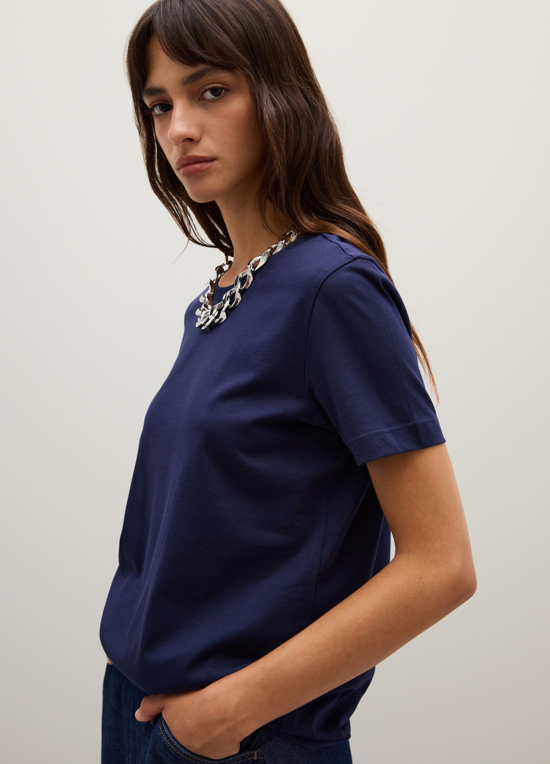 PIOMBO, T-shirt In Puro Cotone Blu Regular Fit, Donna, Blu, Taglia: XS