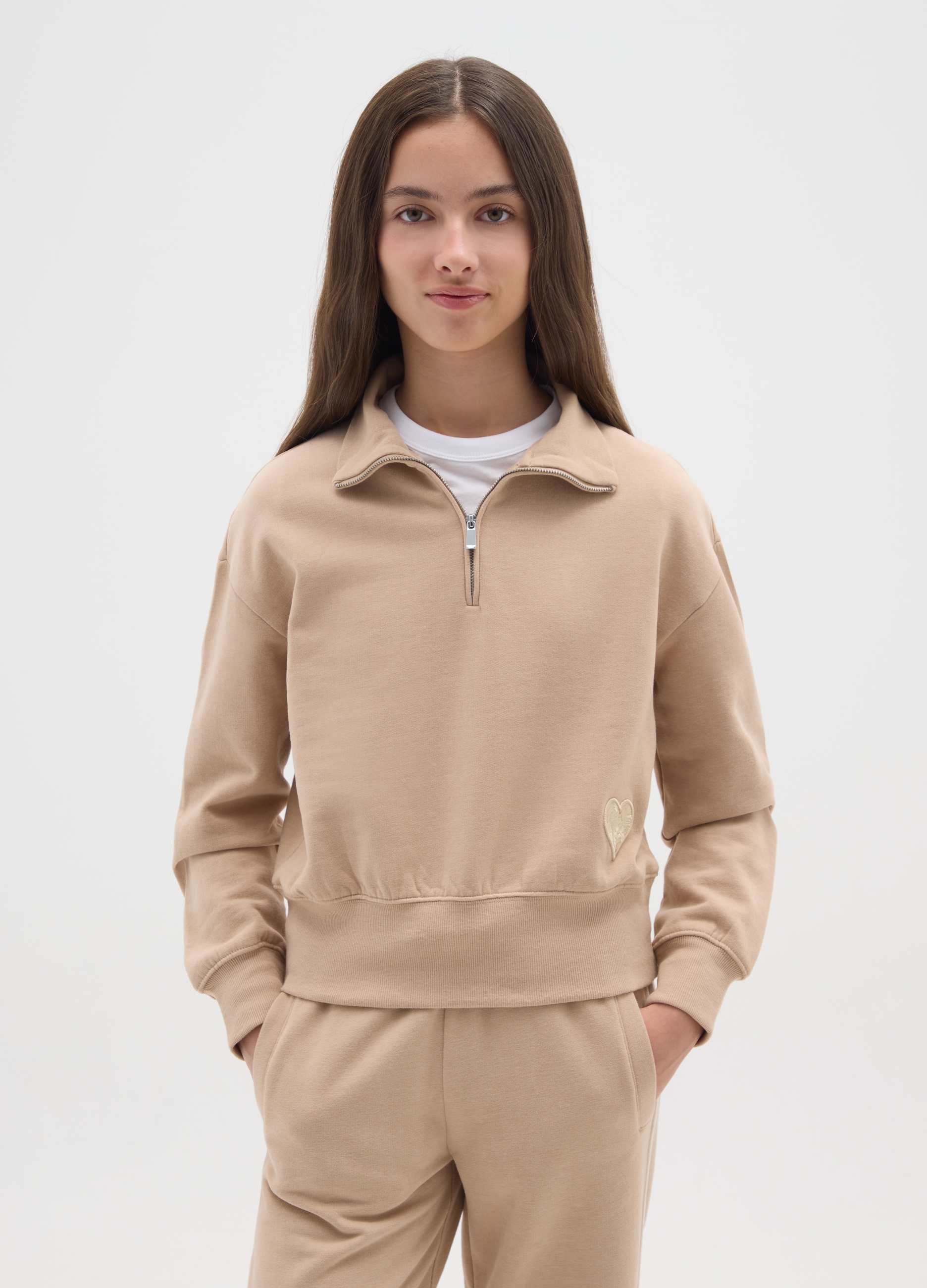 OVS KIDS, Felpa Con Mezza Zip Beige Da Ragazza In Misto Cotone Relaxed Fit, Bambina, Beige, Taglia: 11-12