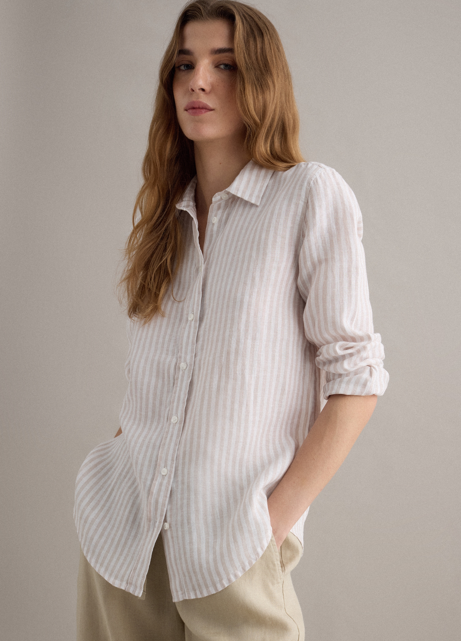PIOMBO, Camisa De Lino Puro A Rayas Blancas Y Beige Fit Regular, Mujer, Blanco/beige, Talla: 36