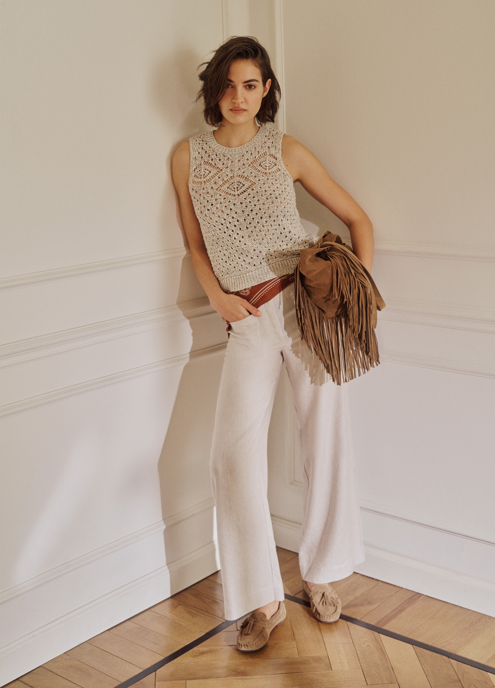 LES COPAINS, Chaleco Entallado De Mezcla De Algodón Beige Con Red, Mujer, Beige Jaspeado, Talla: 38