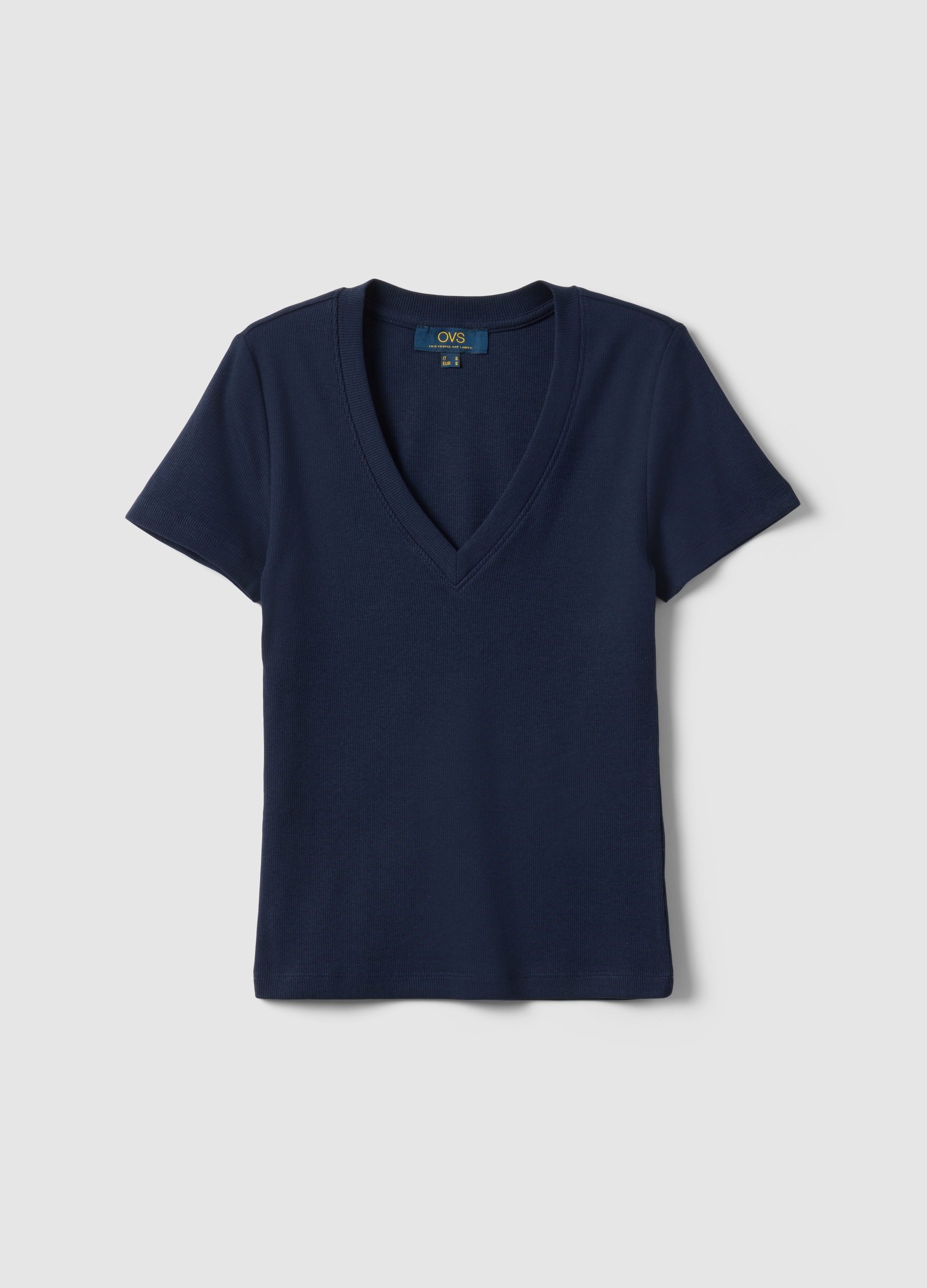 OVS, T-shirt In Cotone Elasticizzato Blu Regular Fit Deep V, Donna, Blu, Taglia: L