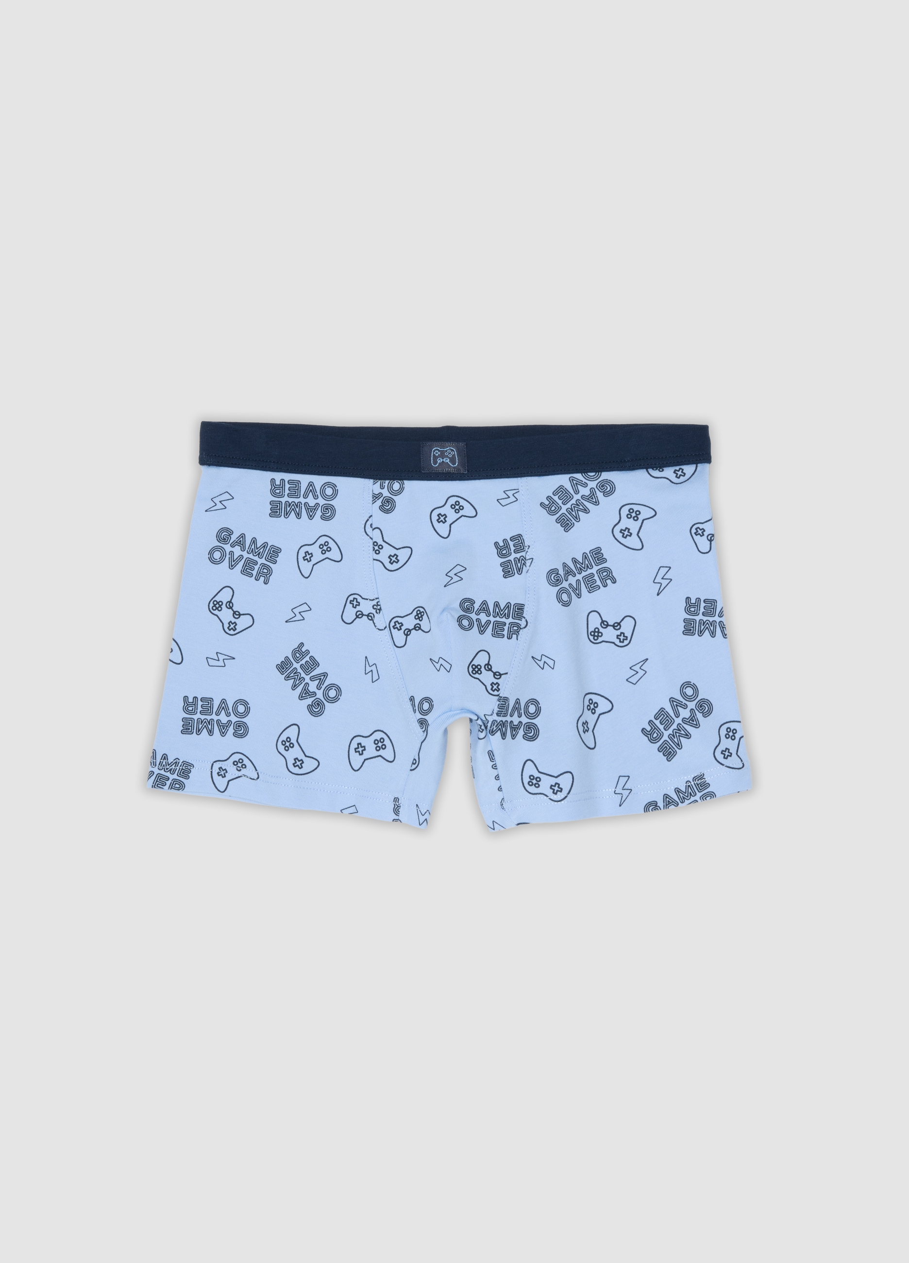 OVS KIDS, Boxer Midi Azzurro In Cotone Organico Con Stampa Gaming Regular Fit Per Bambino, Azzurro, Taglia: 3-4
