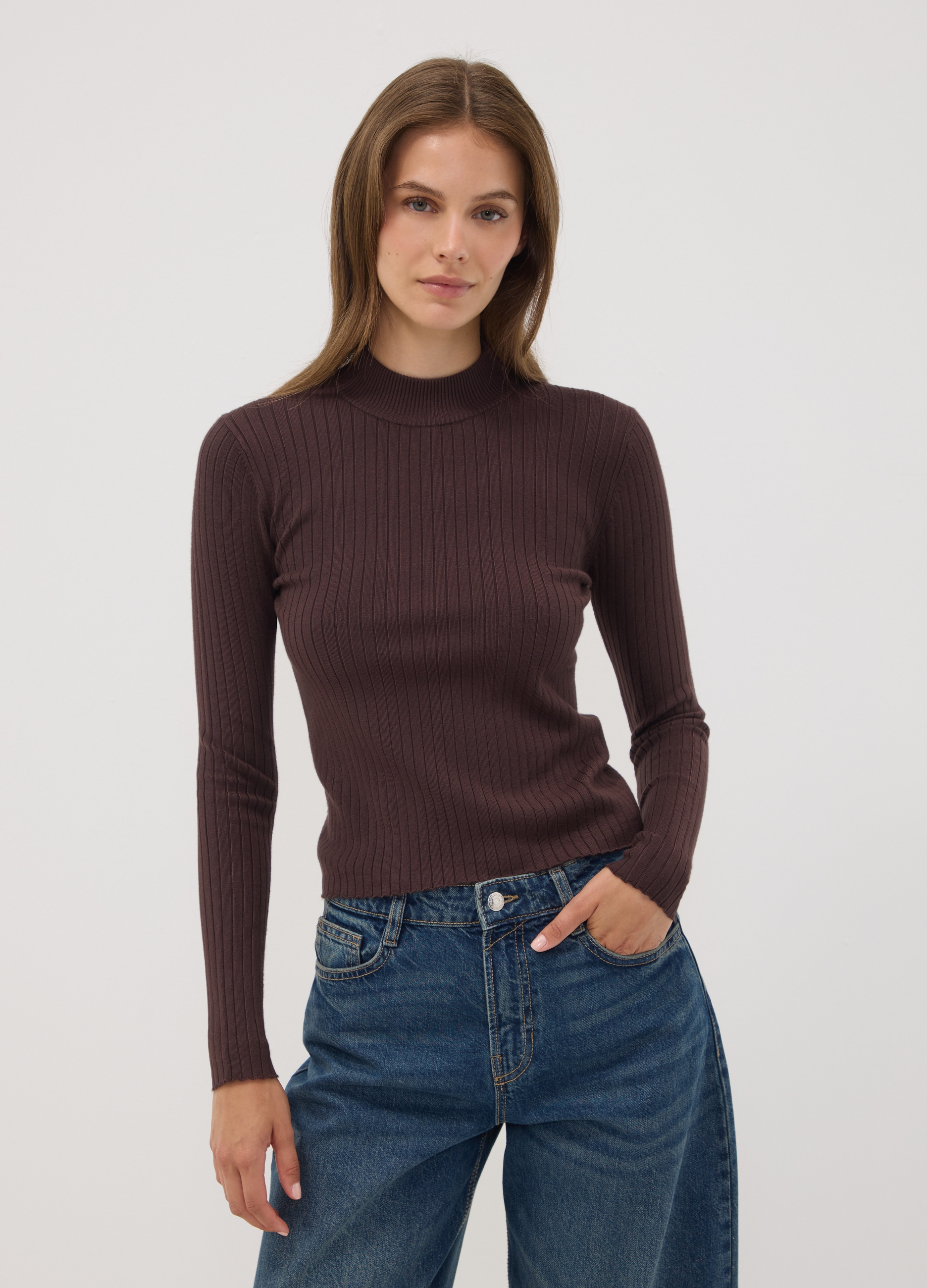 OVS, Maglia Marrone In Misto Viscosa A Coste Con Collo Rialzato, Donna, Marrone, Taglia: XS