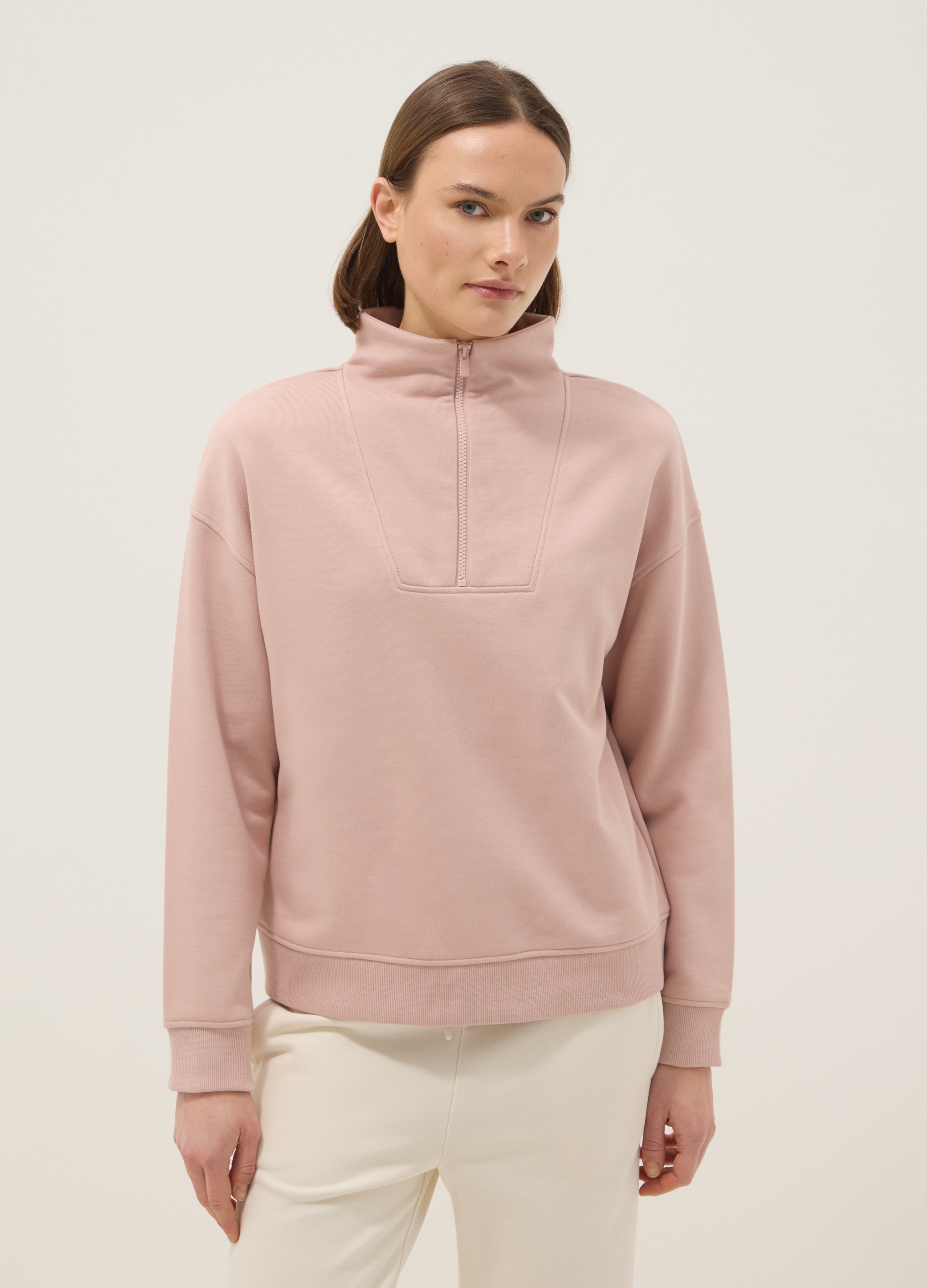 Sudadera Rosa De Mezcla De Algodón Corte Regular Con Media Cremallera Y Cuello Alto, Mujer, Rosa Claro, Talla: 42