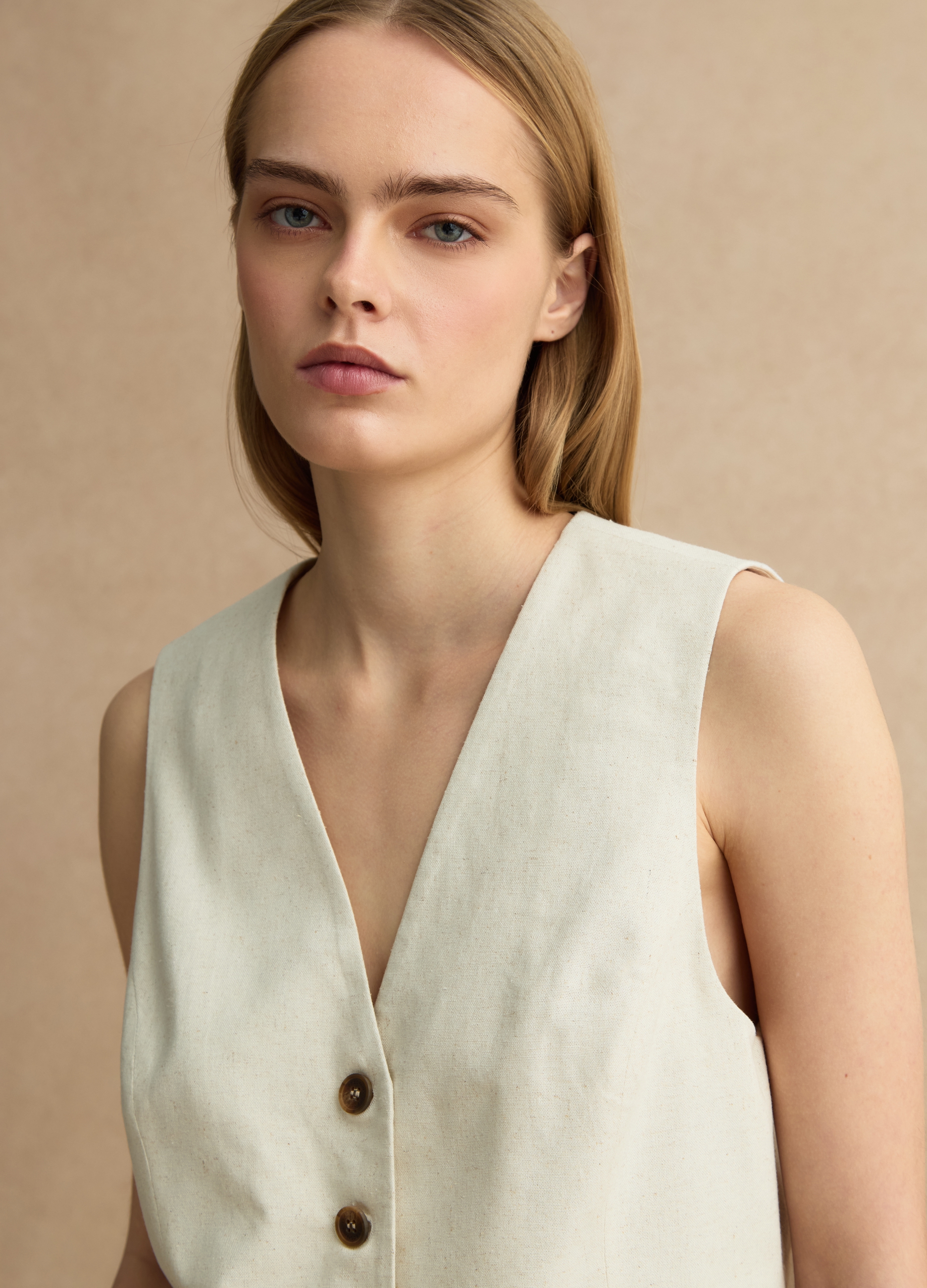 LES COPAINS, Chaleco Beige Slim Fit En Mezcla De Viscosa Y Lino, Mujer, Beige Jaspeado, Talla: 40