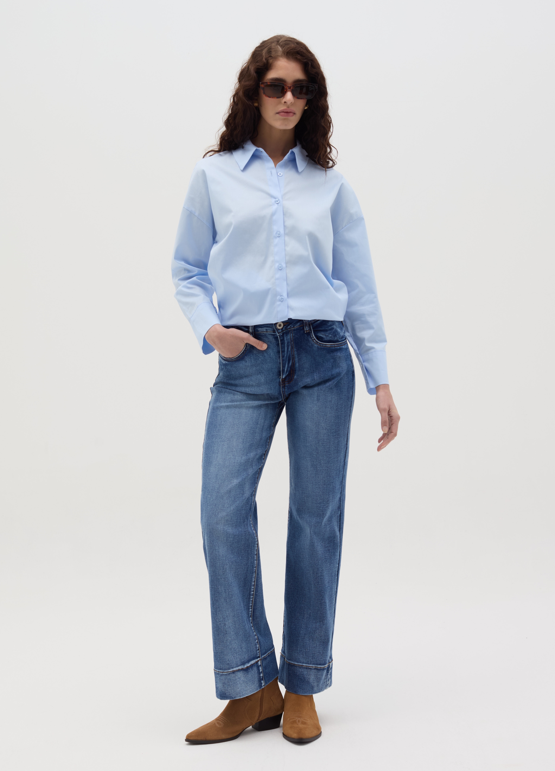 HYBRID, Camicia In Cotone Stretch, Donna, Azzurro, Taglia: S/M