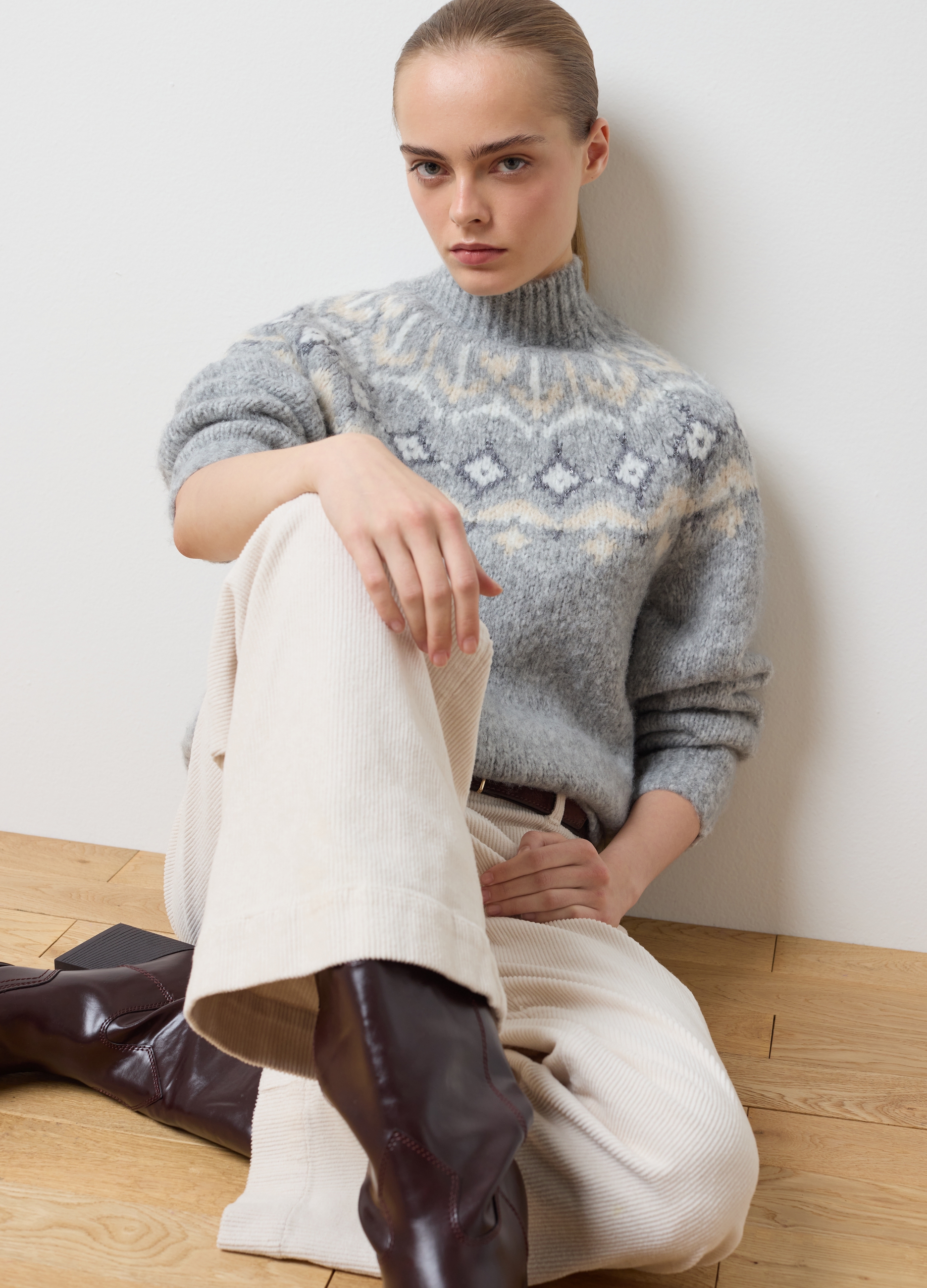 LES COPAINS, Maglione Jacquard Multicolor Con Collo Vulcano In Misto Lana, Donna, Multicolor, Taglia: M