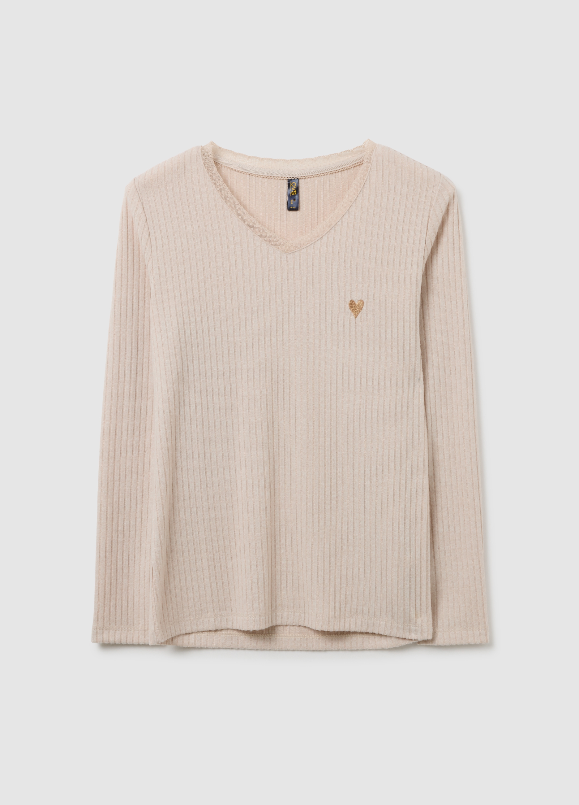 Maglia A Costine Beige Per Pigiama Regular Fit Con Scollo A V, Mujer, Beige Claro, Talla: M