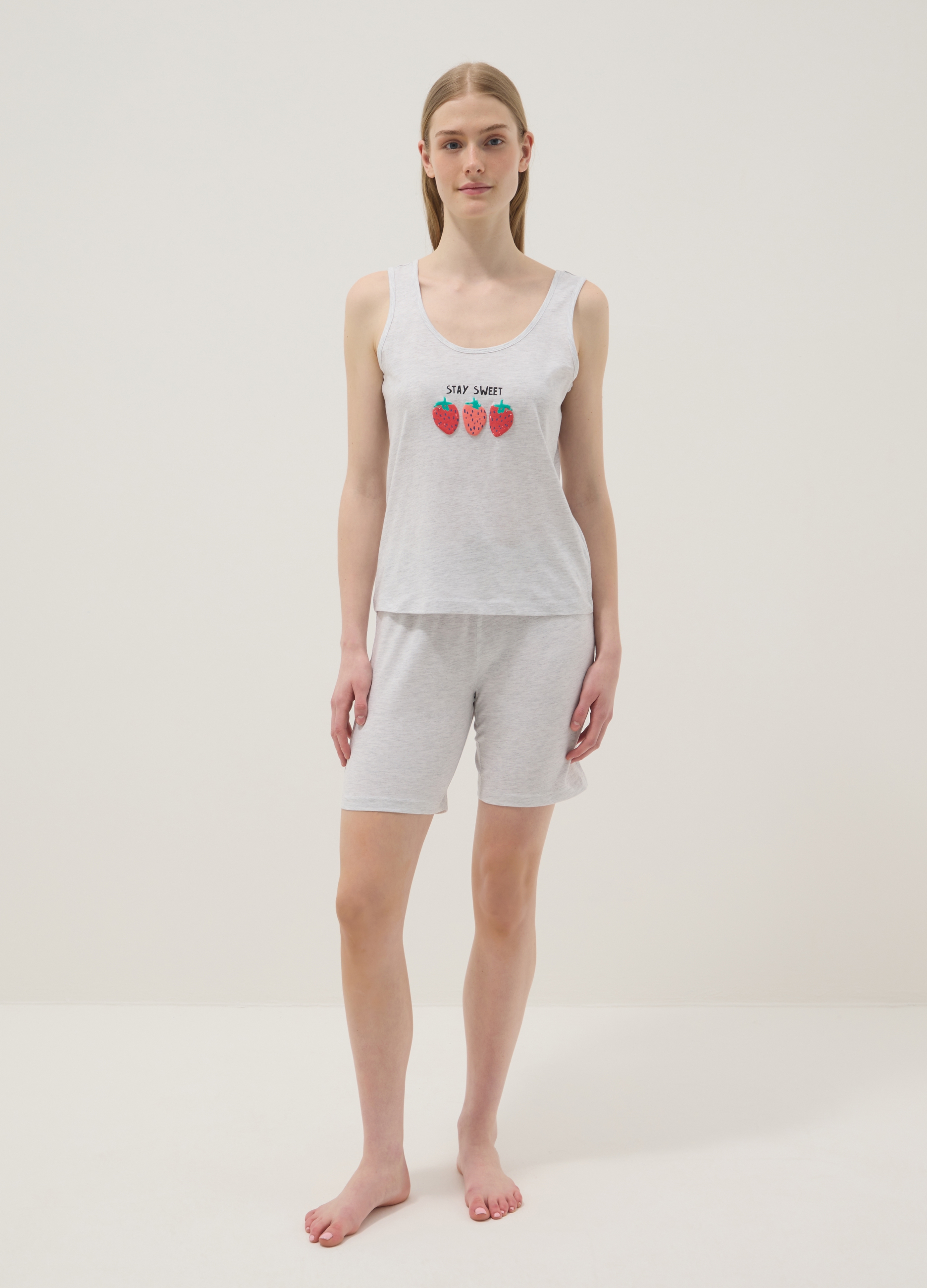 Pijama Gris De Algodón Elástico Regular Fit Con Fresas, Mujer, Gris claro jaspeado, Talla: S