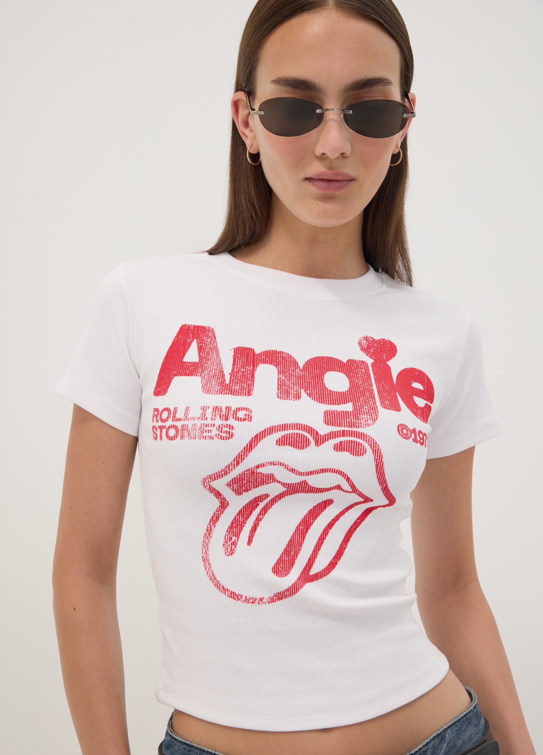 OVS, T-shirt Bianca In Cotone Elasticizzato Con Stampa Rolling Stones, Unisex, Bianco, Taglia: XS