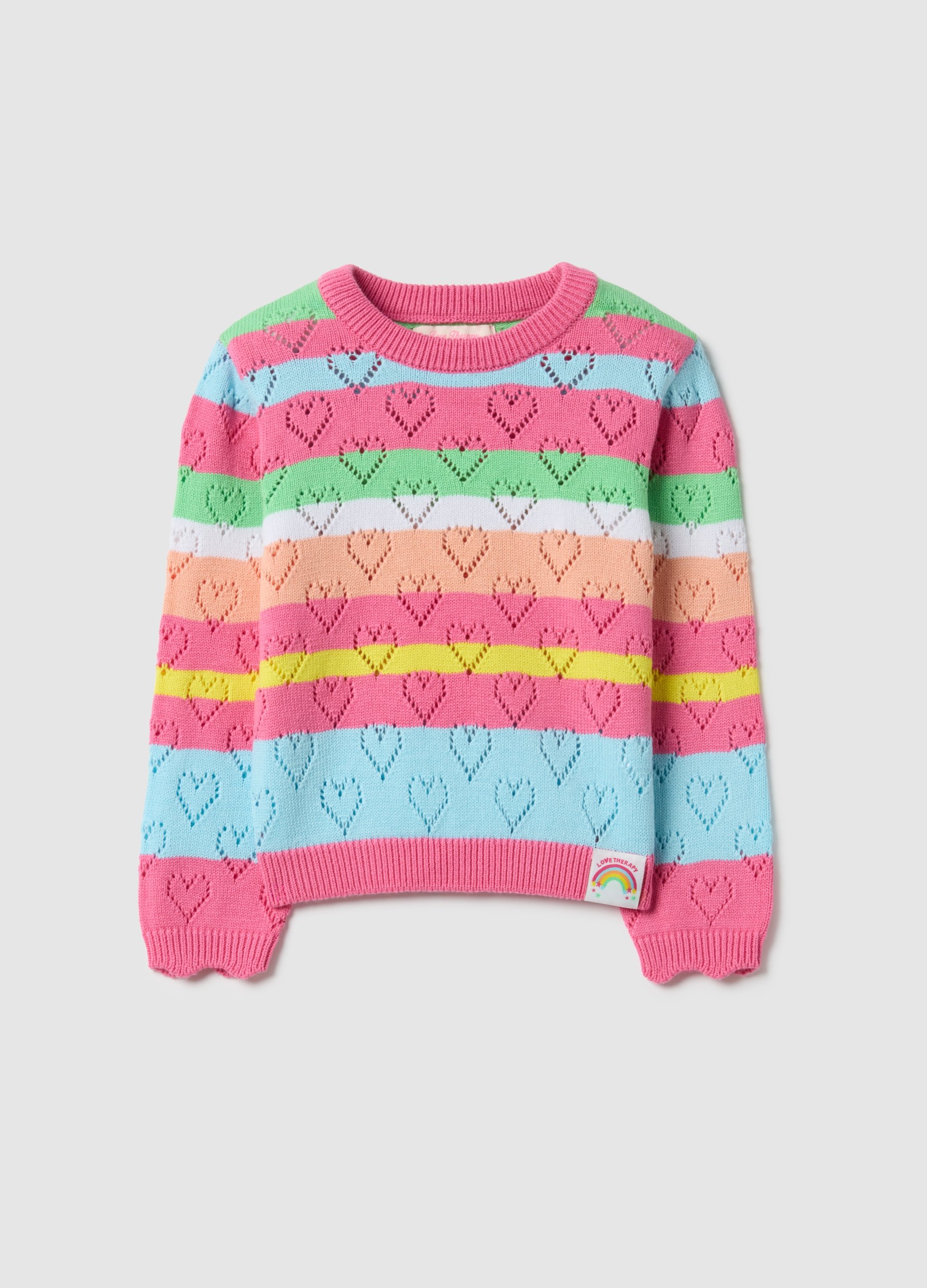 LOVE THERAPY, Jersey De Niña En Algodón Puro Con Rayas Multicolores Y Corazones, Ajuste Regular, Niña, Rosa/Azul Claro, Talla: 4-5