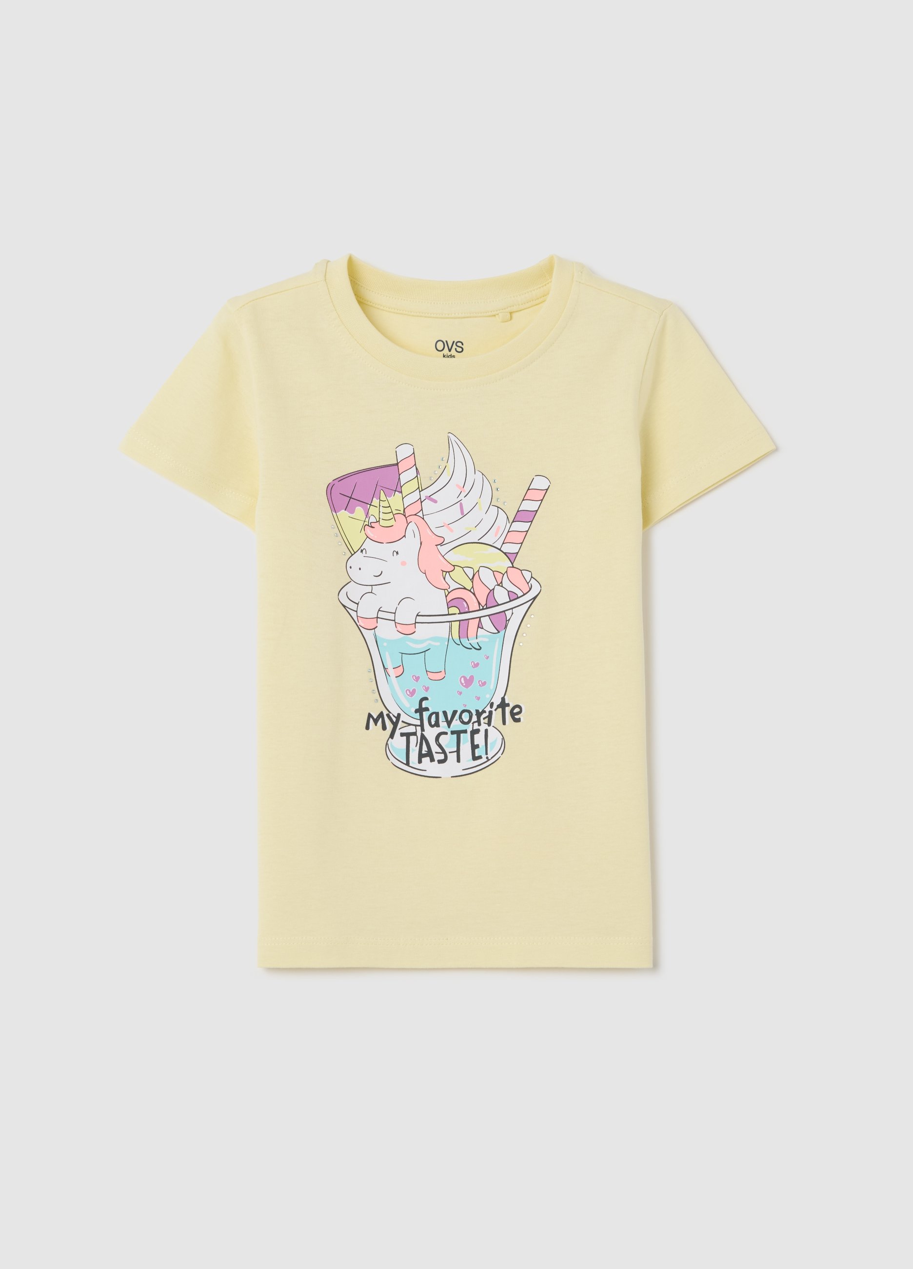 OVS, T-shirt Gialla In Cotone Con Stampa Unicorno, Bambina, Giallo, Taglia: 3-4