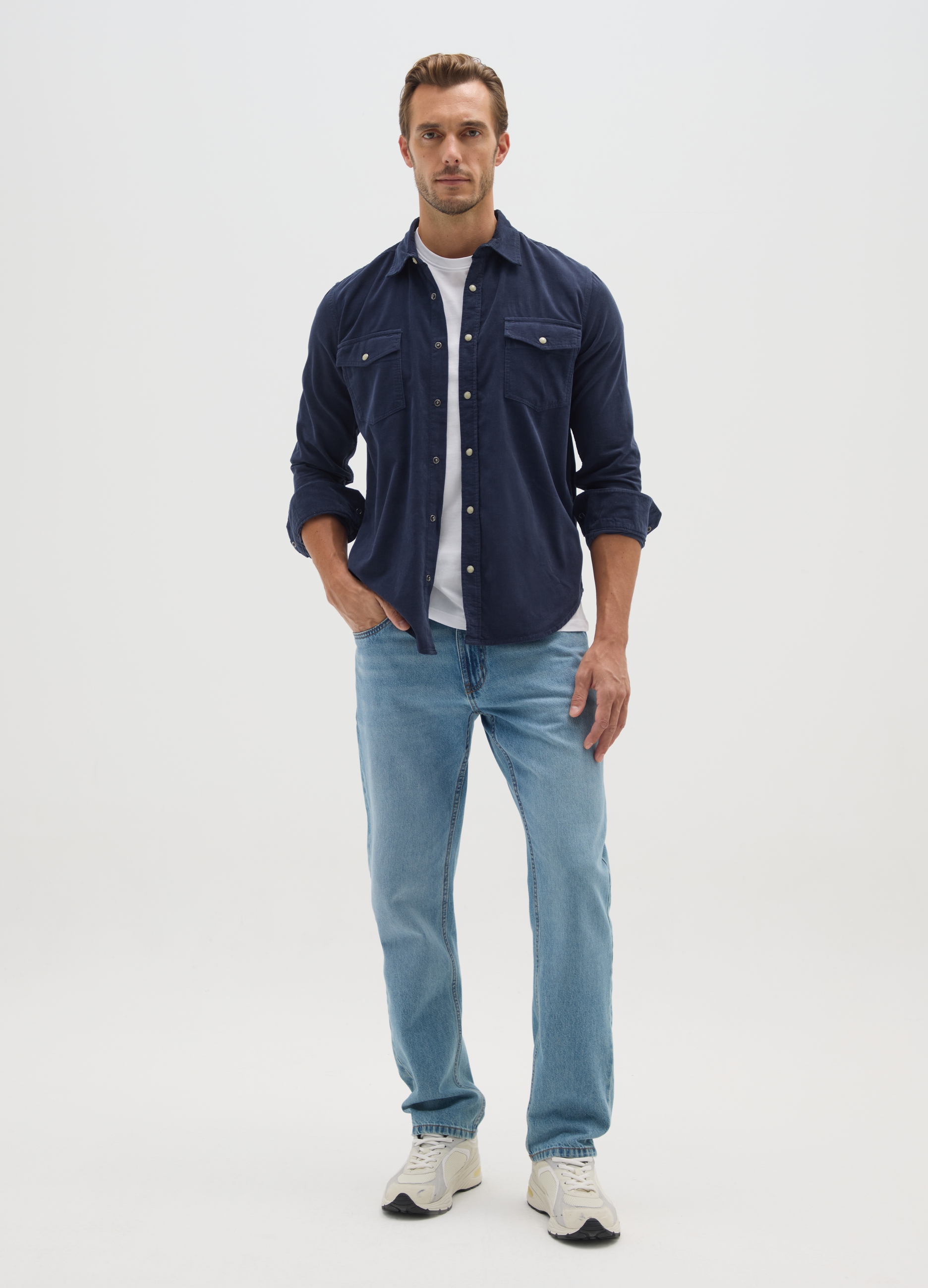 OVS, Camicia In Puro Cotone Blu Regular Fit In Velluto A Coste, Uomo, Blu, Taglia: XXL