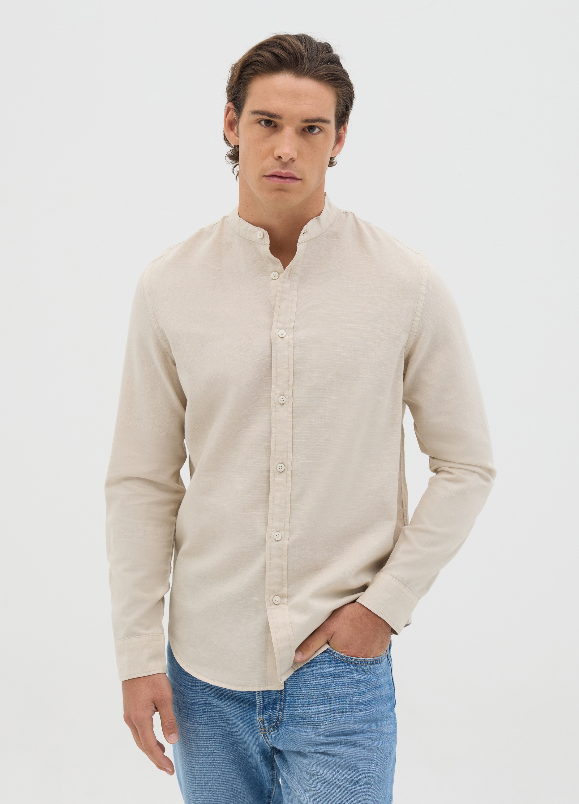 Camisa Larga Beige De Algodón Y Lino, Hombre, Beige, Talla: M